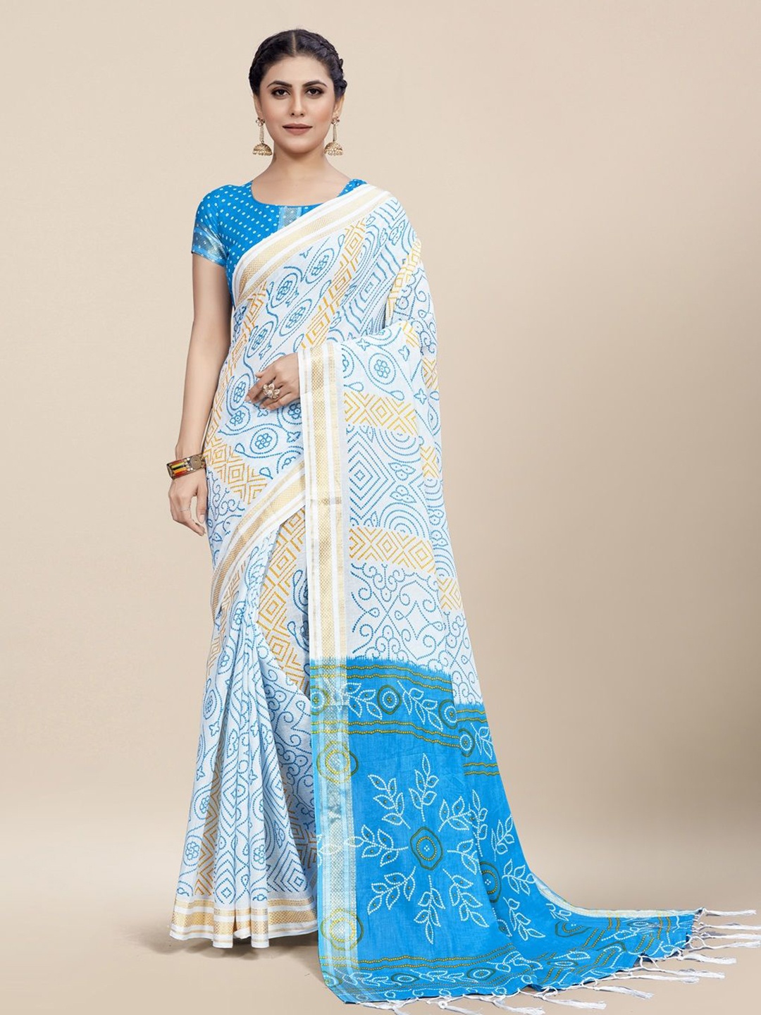 

HERE&NOW Bandhani Zari Pure Cotton Ikat Saree, White