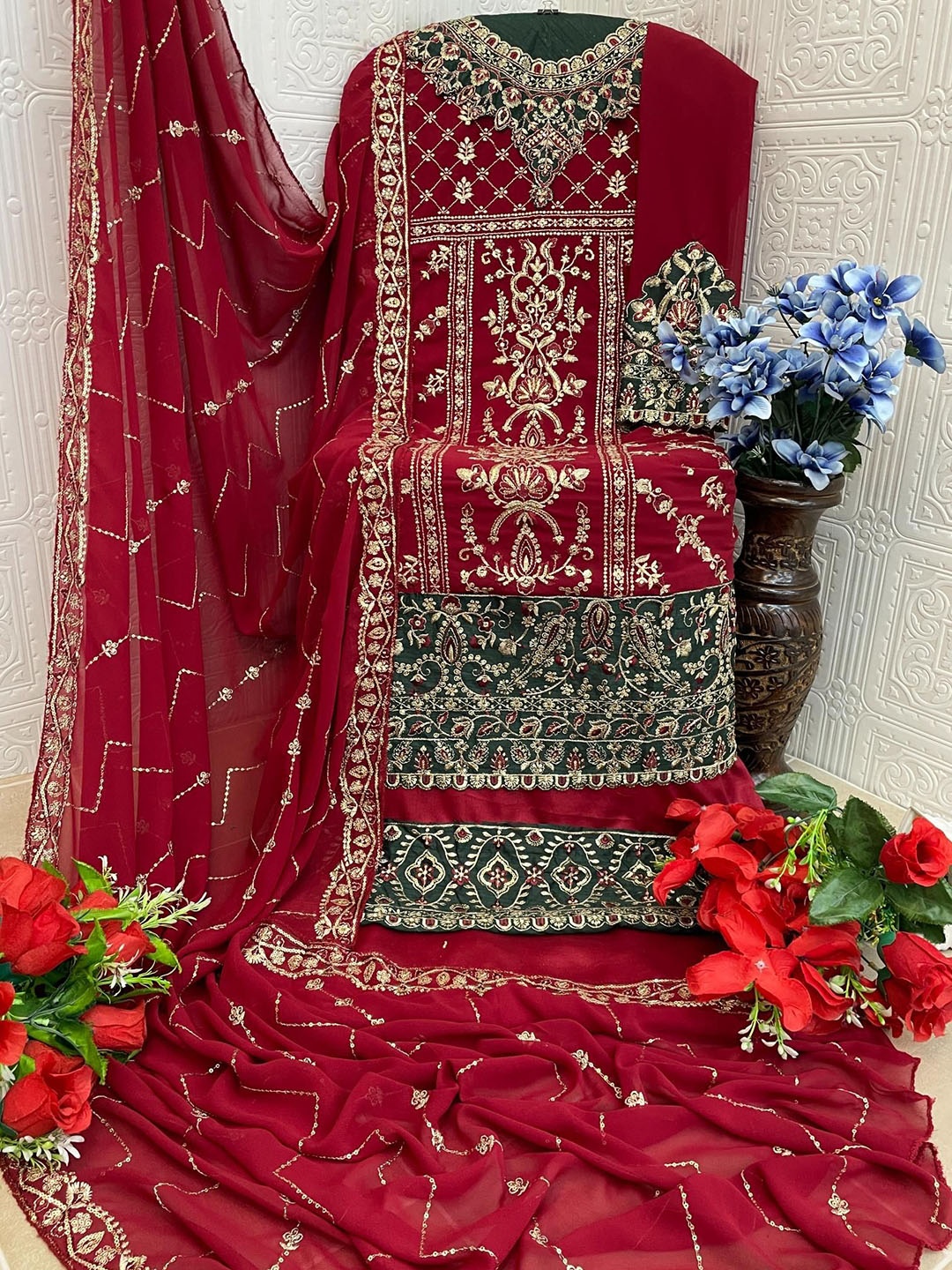 

ANAMSA Ethnic Motifs Zari Embroidered Semi-Stitched Dress Material, Maroon