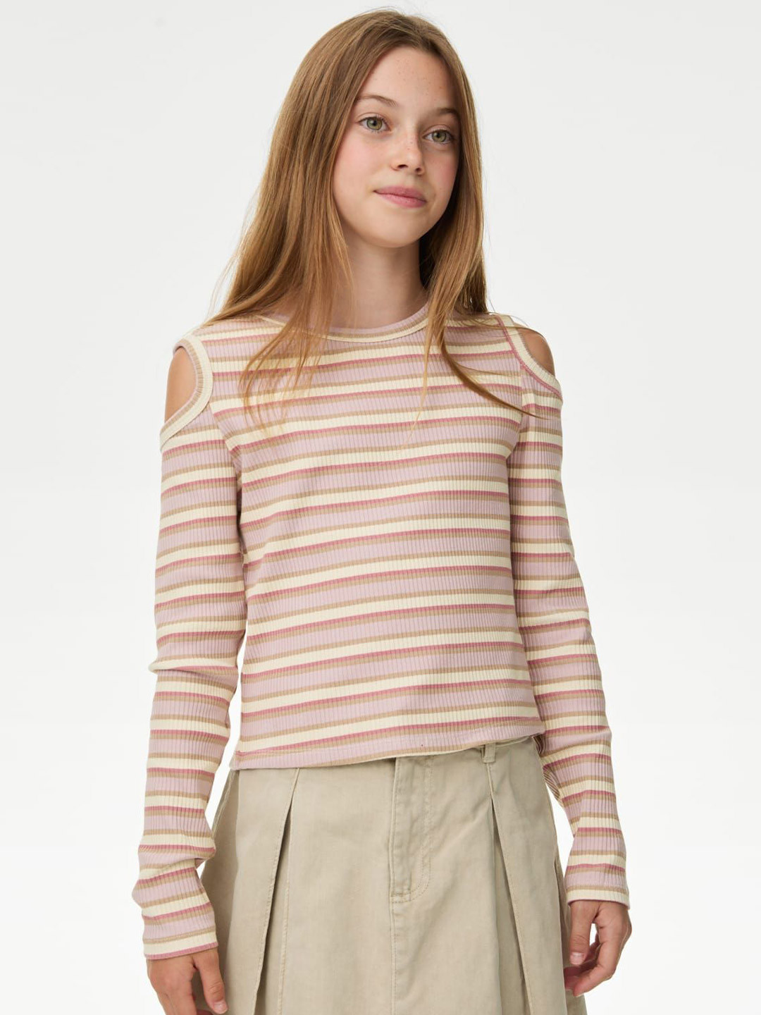 

Marks & Spencer Girls Striped Cold-Shoulder Cotton Top, Pink