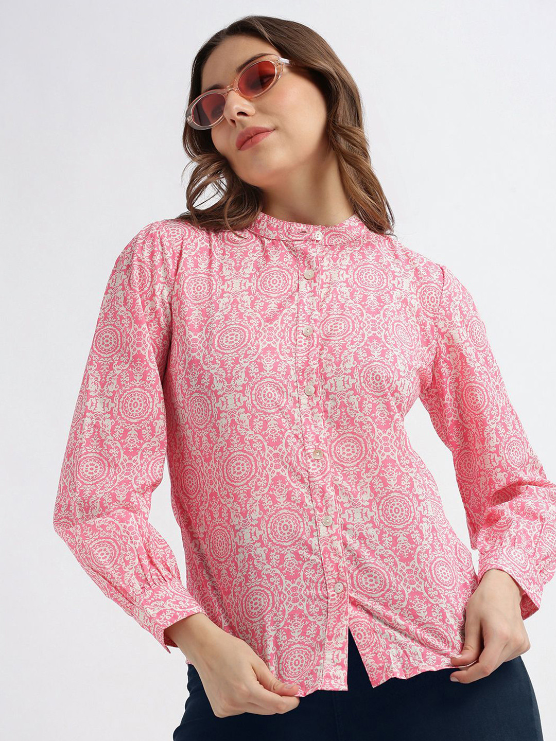 

Grit and Flair Women Comfort Fit Band Collar Floral Printed Cotton Casual Shirt, Pink