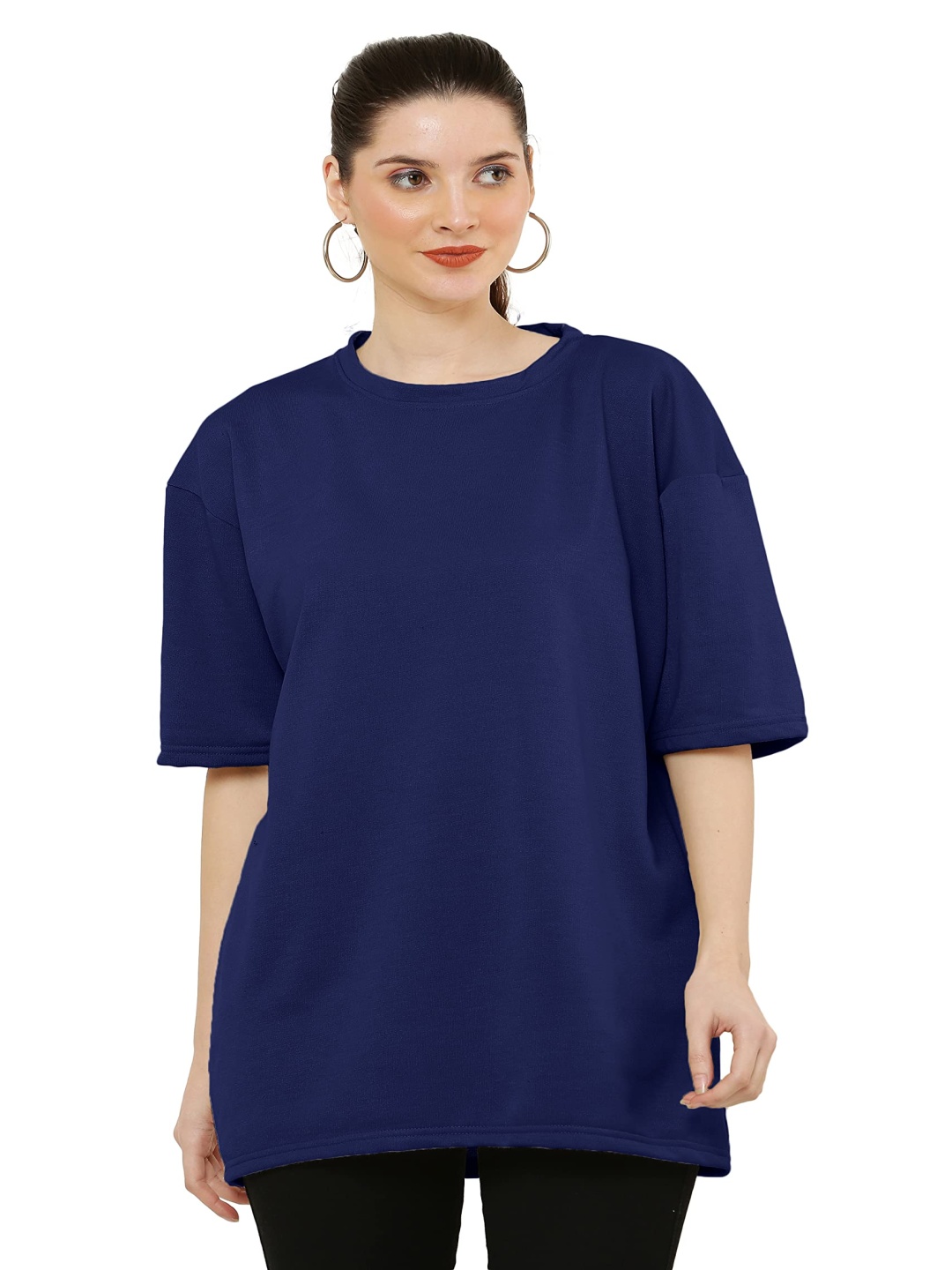 

NOTWILD Women Solid Round Neck Cotton Oversized T-shirt, Navy blue