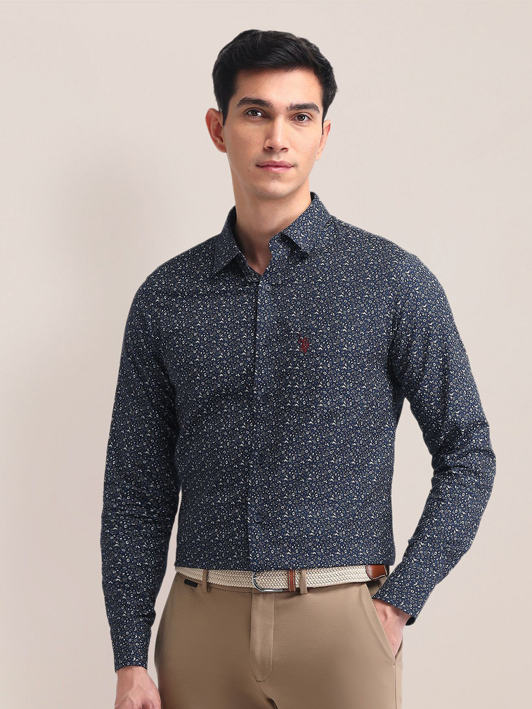 

U.S. Polo Assn. Men Spread Collar Floral Printed Cotton Casual Shirt, Navy blue