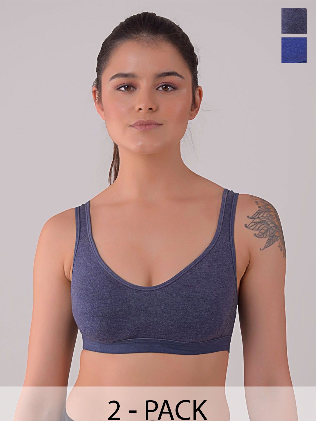 

ULLAS Women Pack of 2 Full Coverage Non Padded Cotton Workout Bra, Navy blue