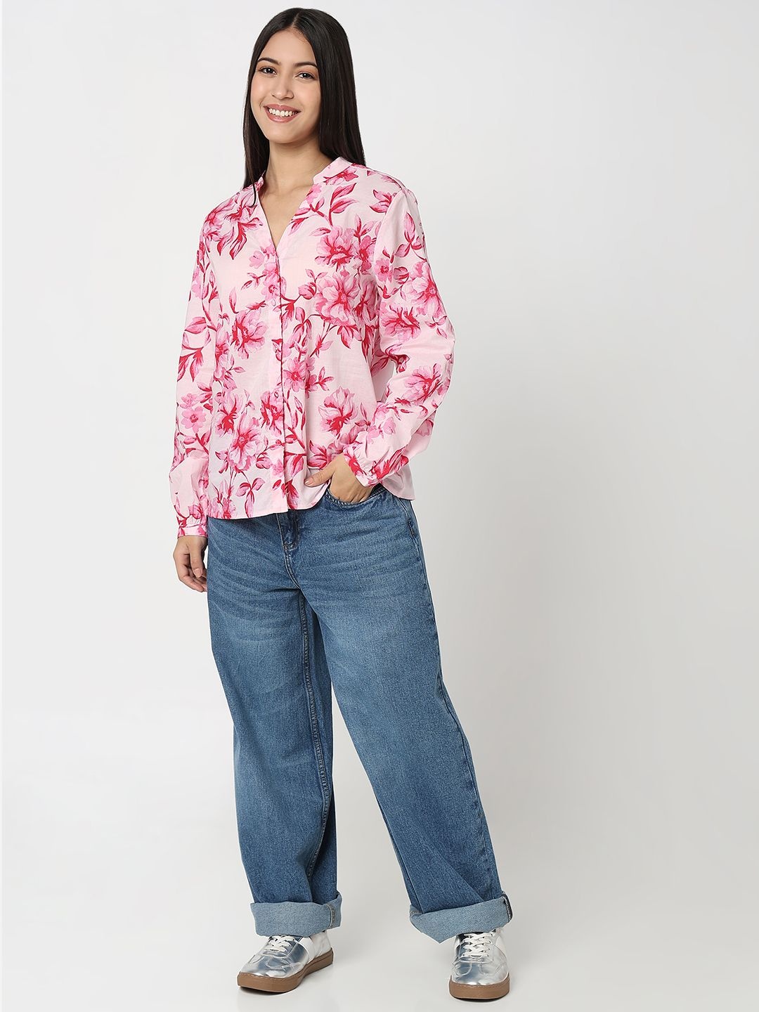 

R&B Floral Print Mandarin Collar Cotton long Top, Pink