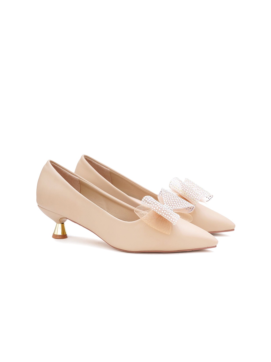 

Sherrif Shoes Women Embellished Pointed Toe Kitten Heel Pumps, Beige