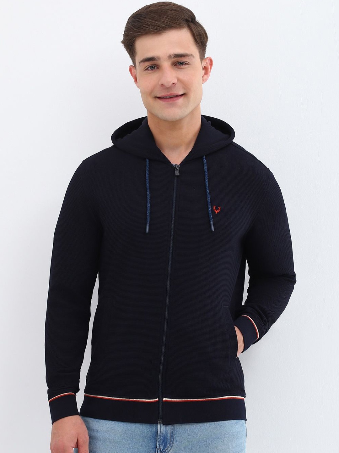 

Allen Solly Men Pure Cotton Hooded Sweatshirt, Navy blue