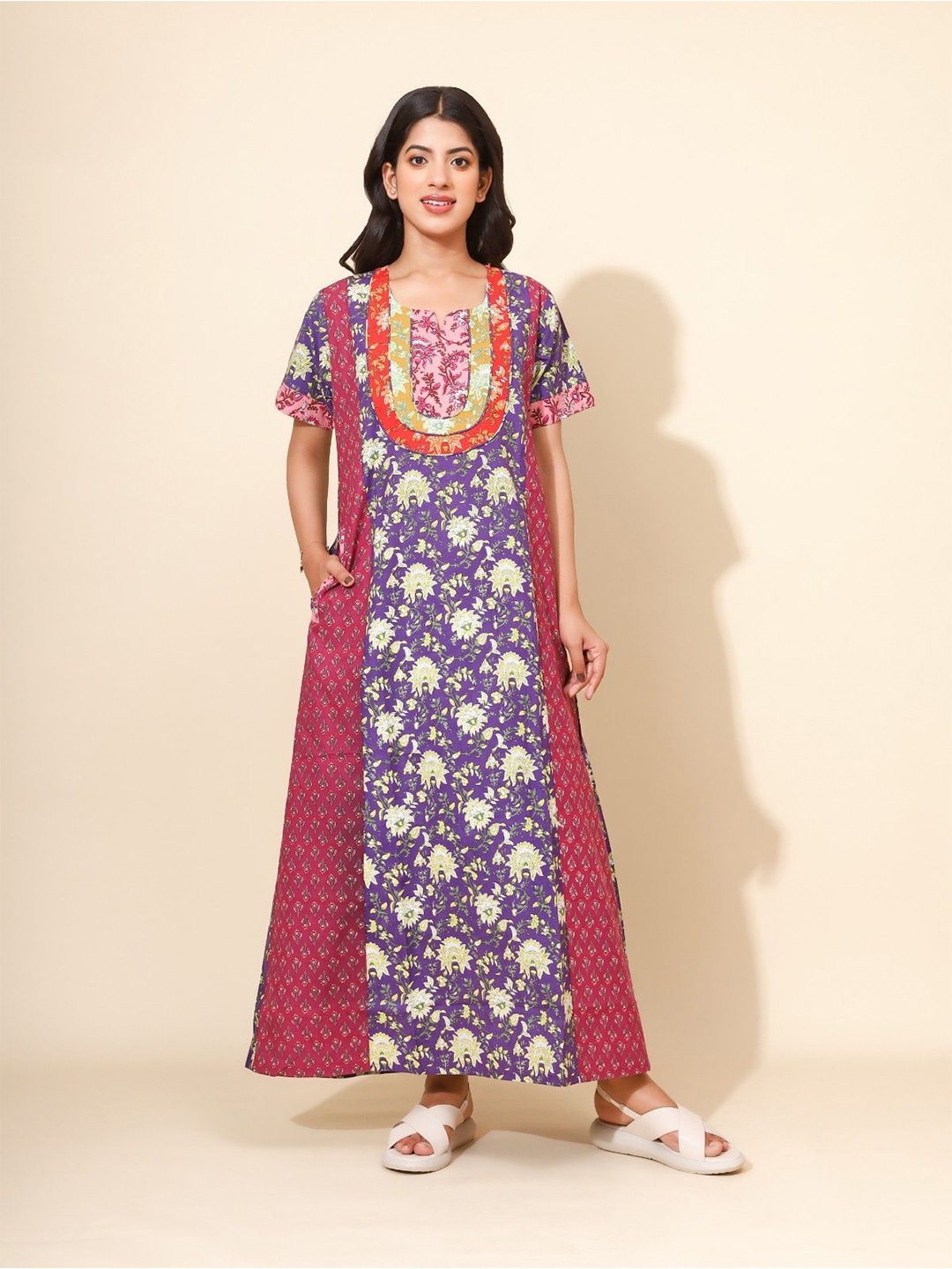 

YELLOW BLOOM Women Pure Cotton Floral Printed Maxi Nightdress, Purple