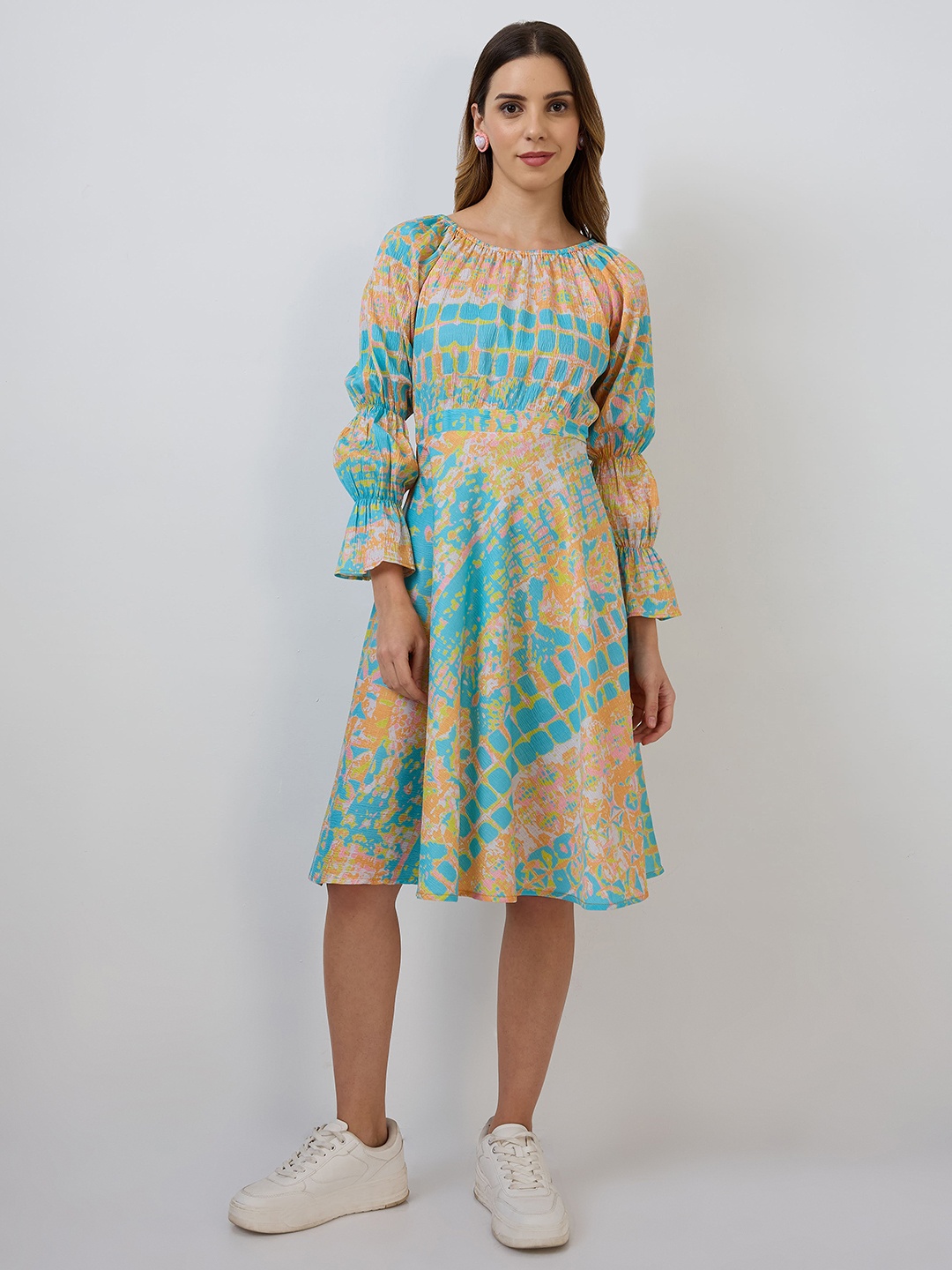 

DressBerry Print Bell Sleeve Fit & Flare Dress, Yellow