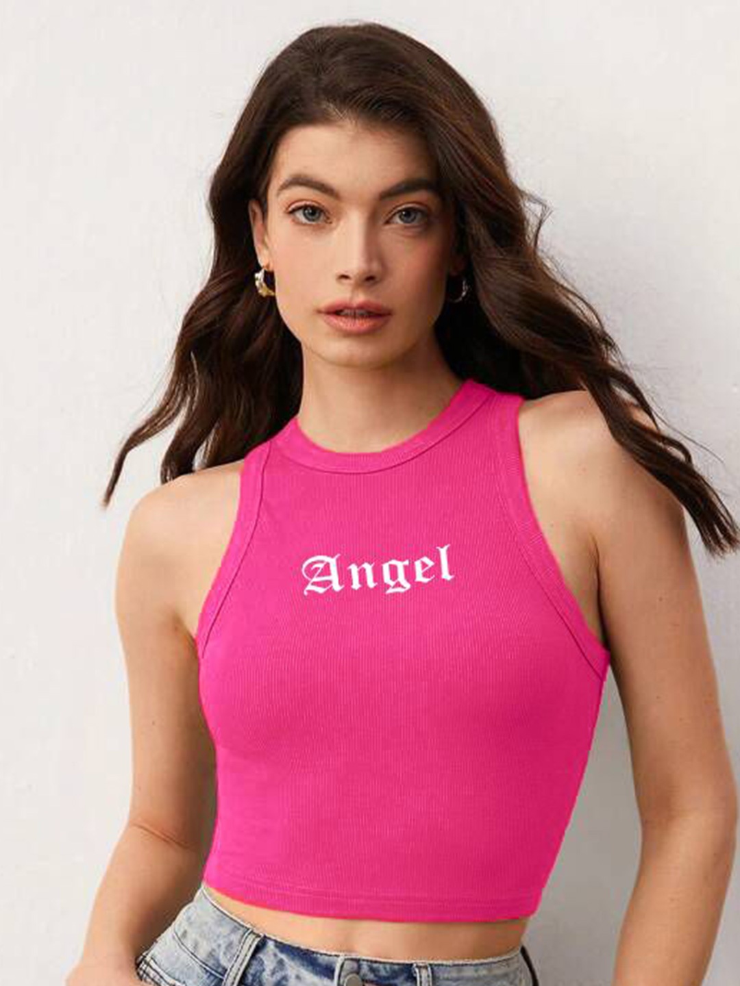 

The Roadster Lifestyle Co Printed Sleeveless Stretchable Crop Top, Pink