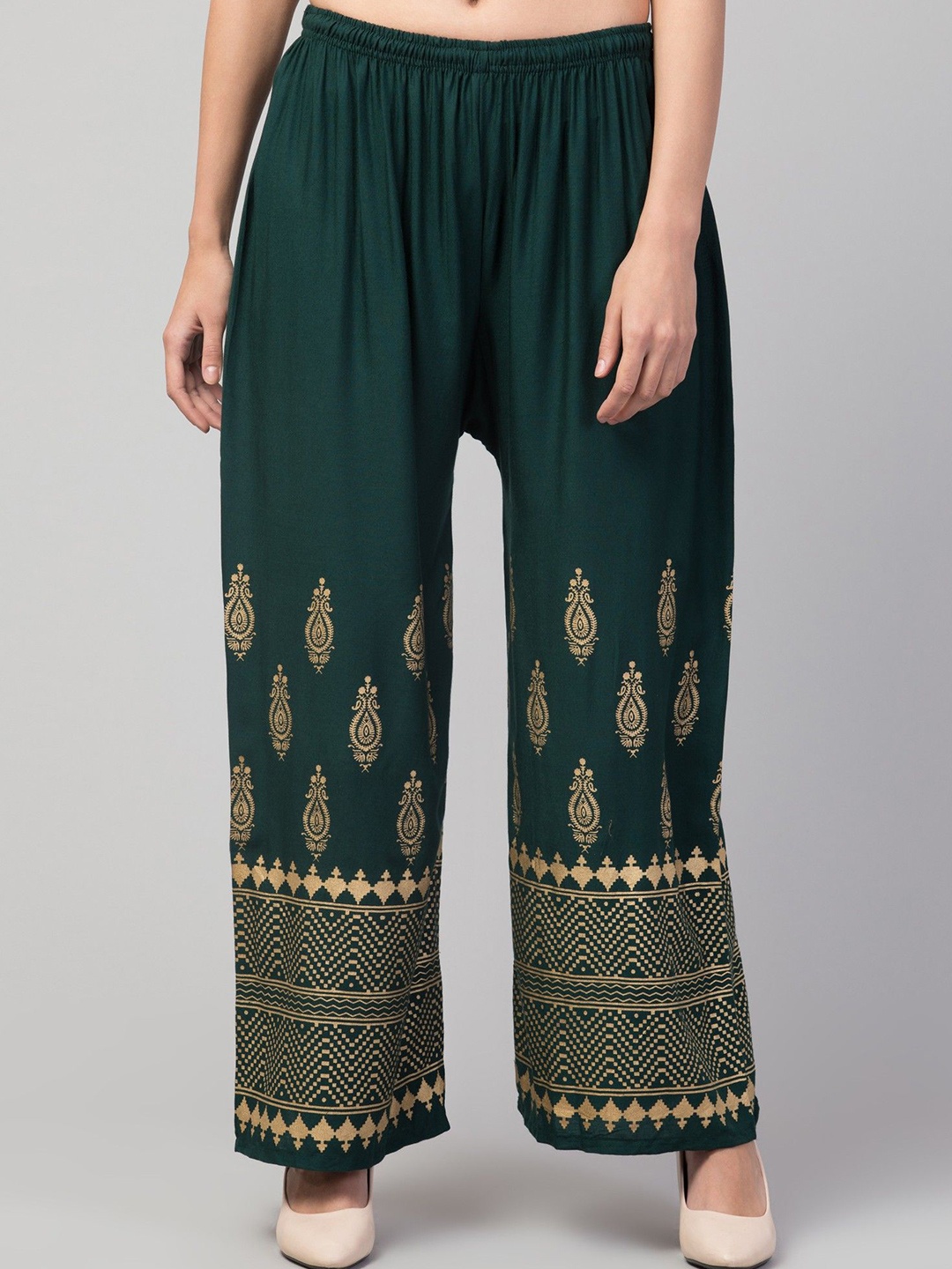

FAMBEE Women Floral Printed Flared Knitted Palazzos, Green