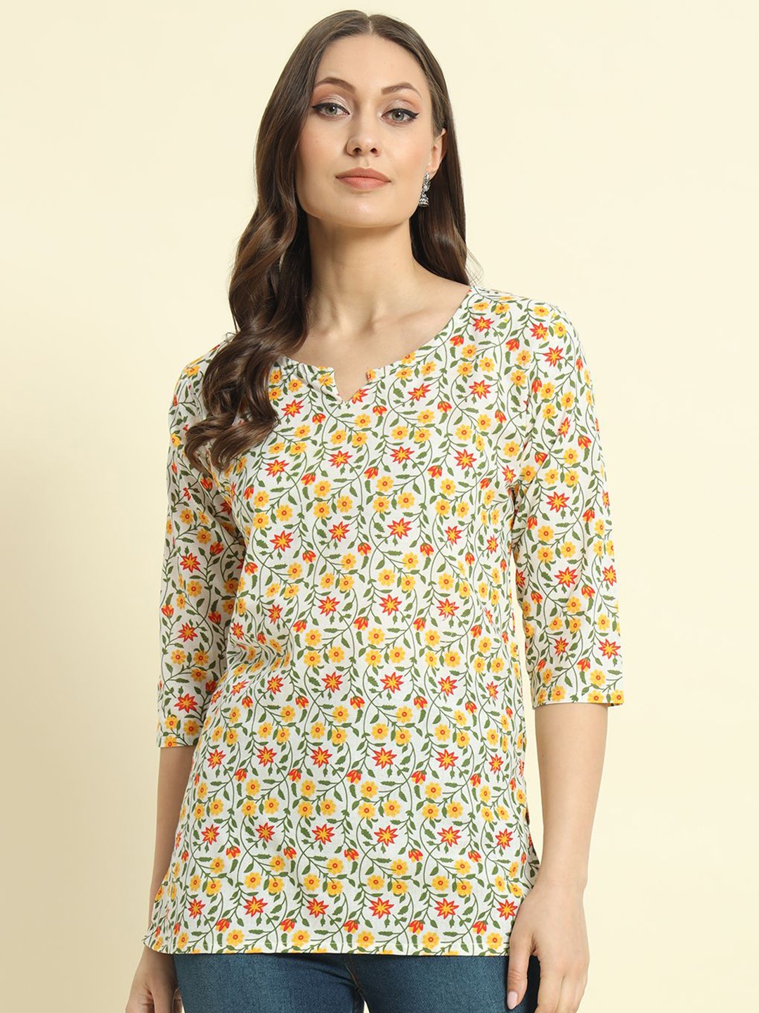

HYTEN Women Floral Printed Pure Cotton Kurti, Off white
