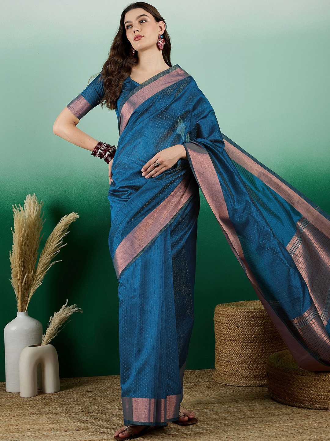 

KALINI Zari Organza Kanjeevaram Saree, Teal