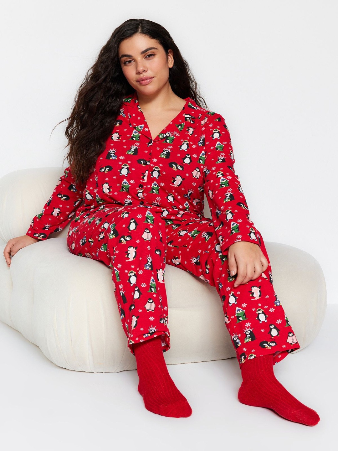 

Trendyol Printed Lapel Collar Night Suits, Red
