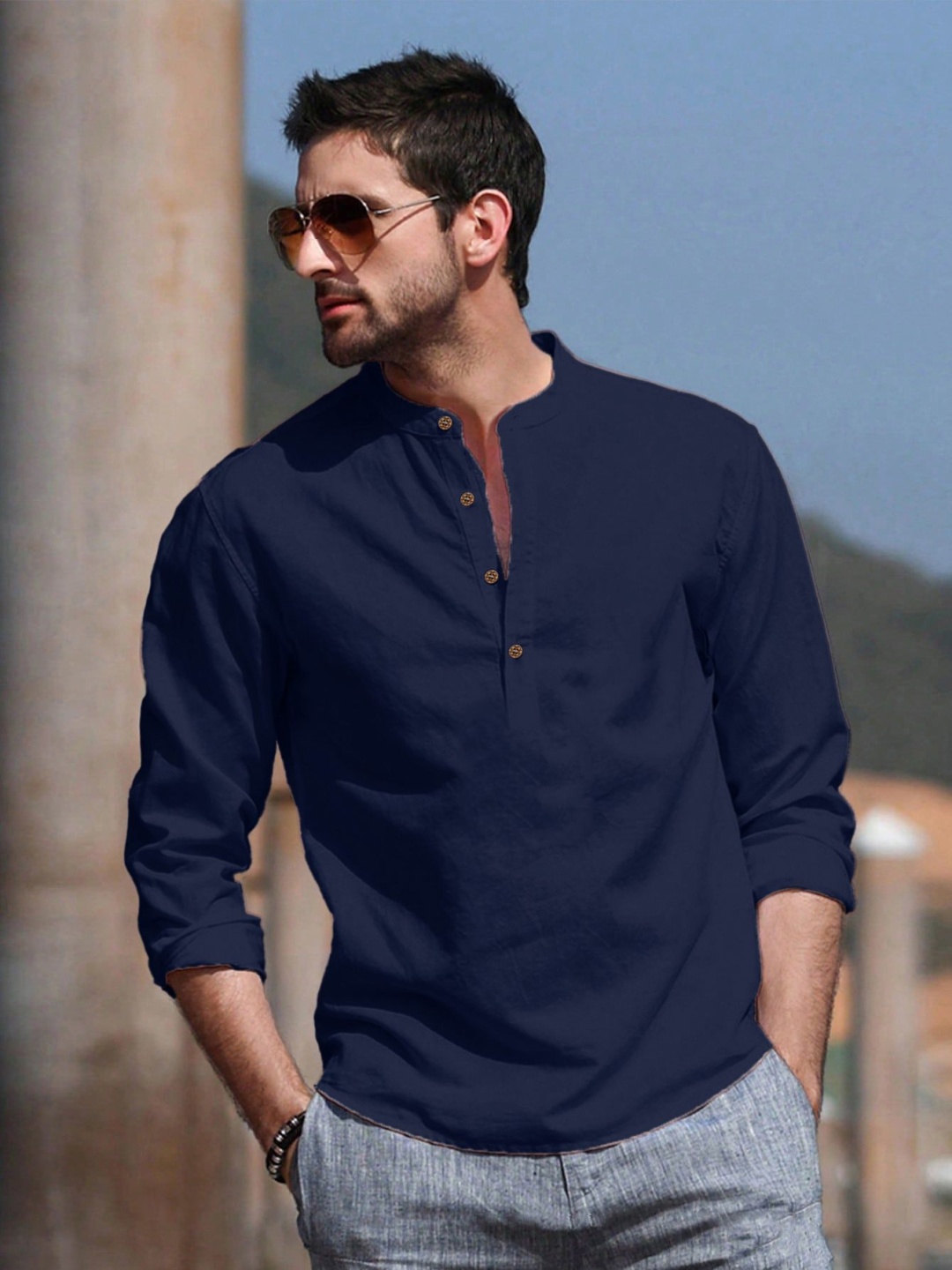

Anouk Blue Pure Cotton Roll-Up Sleeves Band Collar Straight Short Kurta