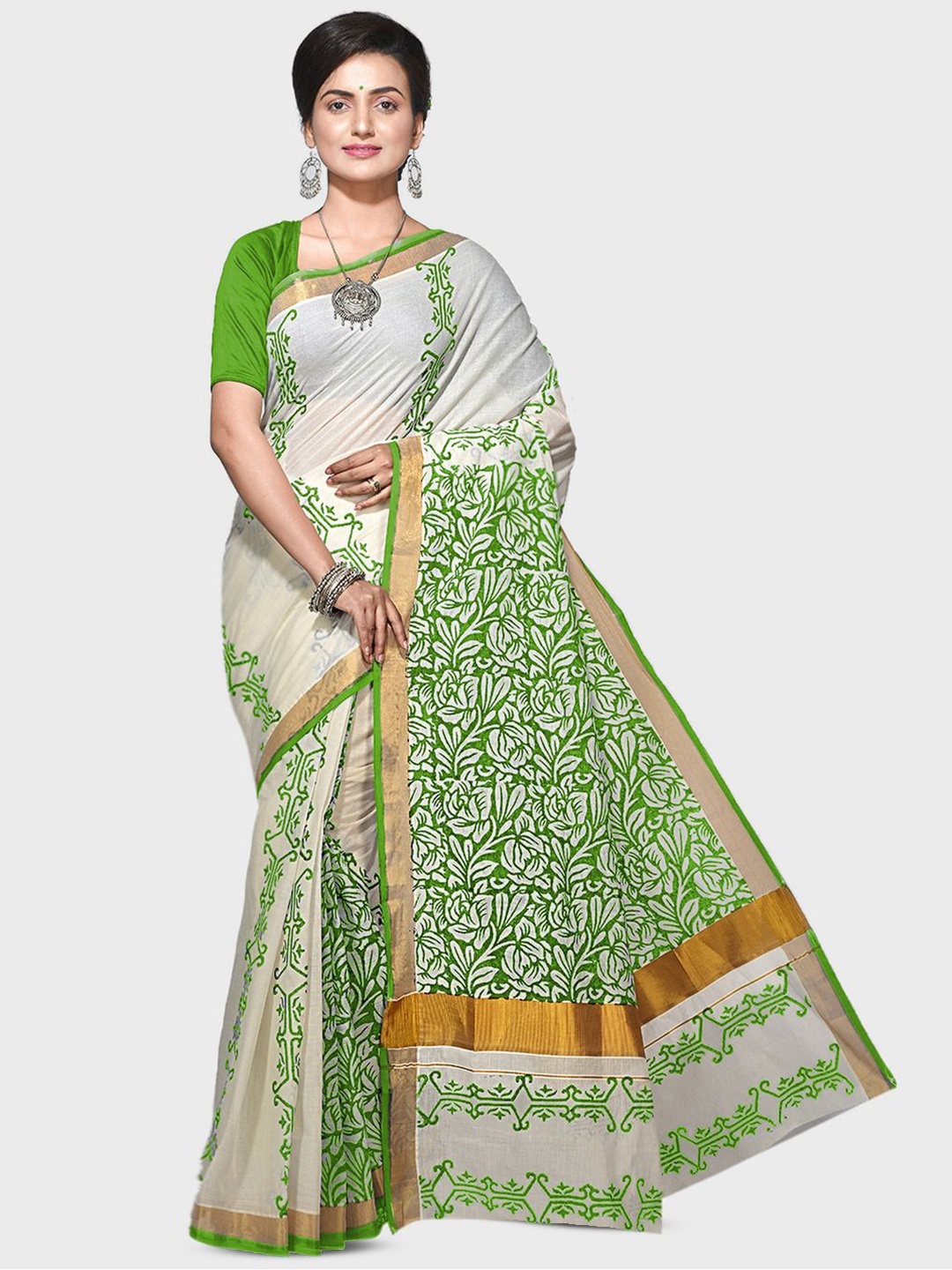 

Crochetin Floral Handloom Zari Saree, White