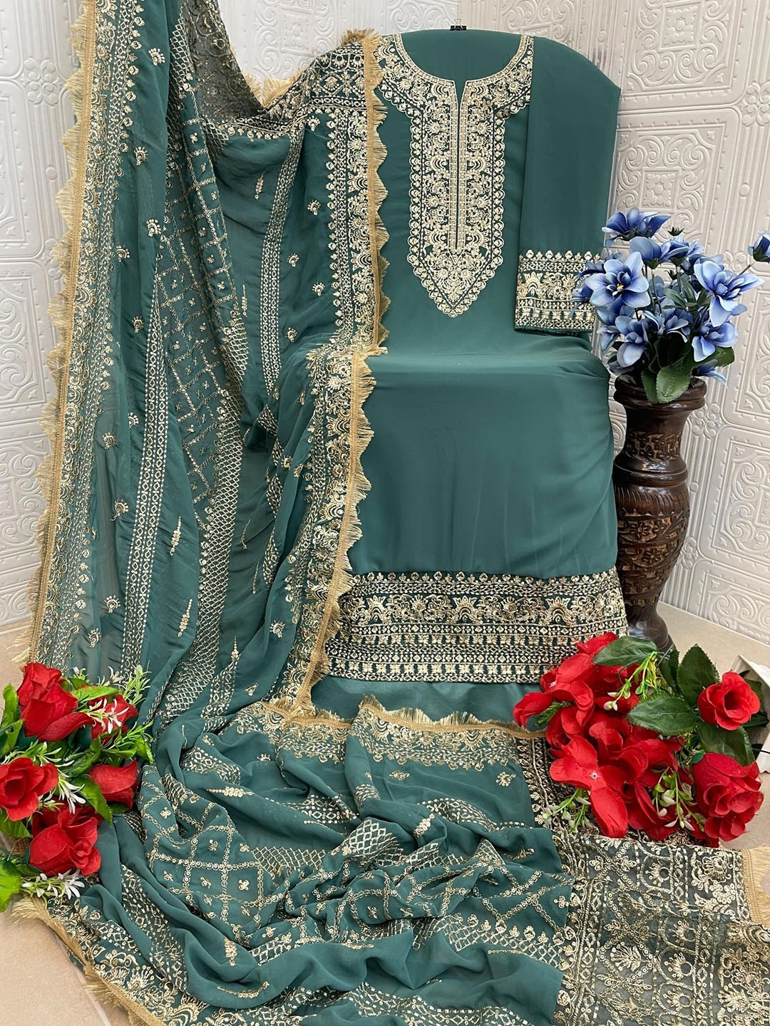 

ANAMSA Ethnic Motifs Zari Embroidered Semi-Stitched Dress Material, Teal