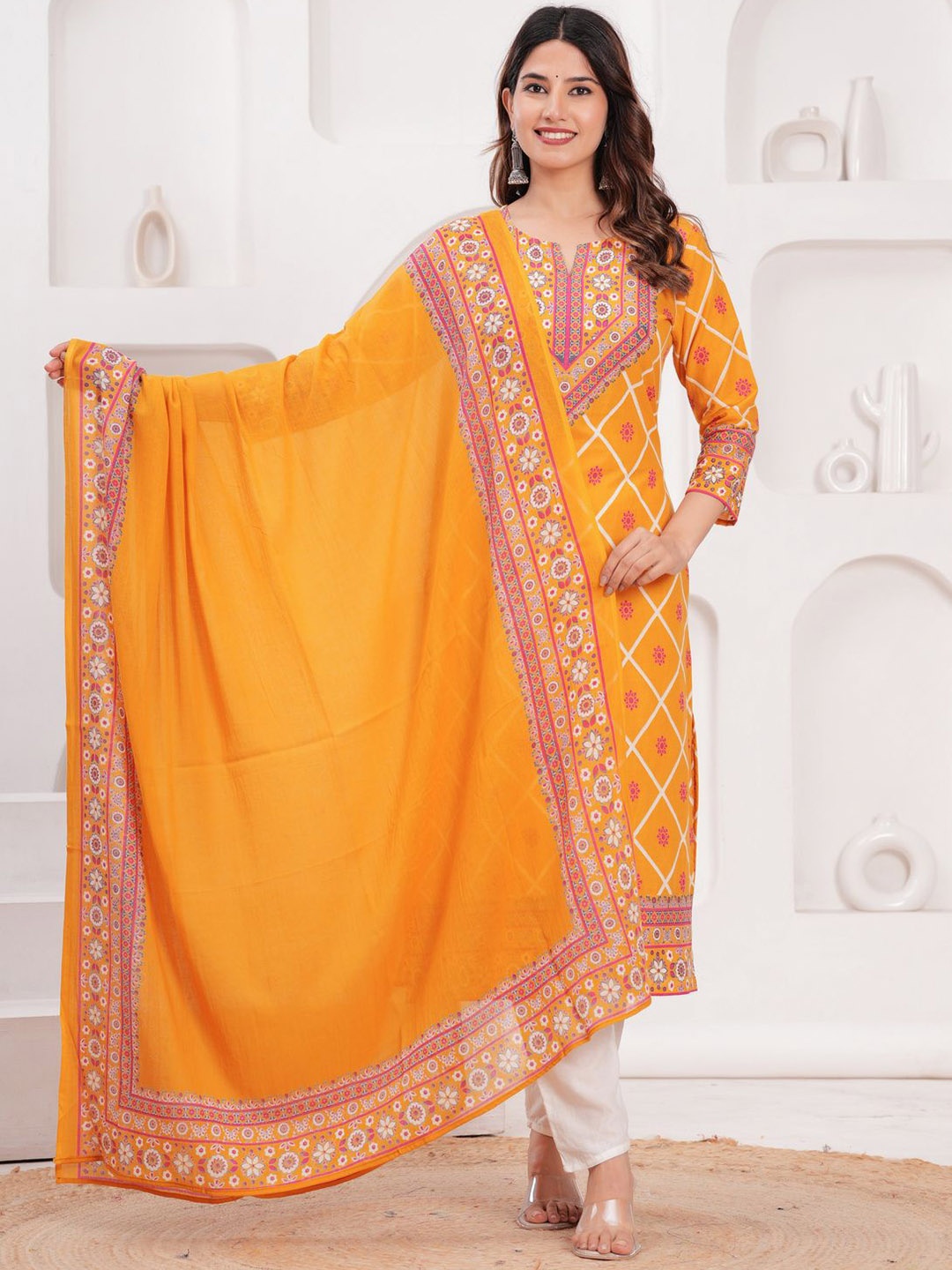 

Sarai Women Mustard Printed Cotton Kurta with Dupatta