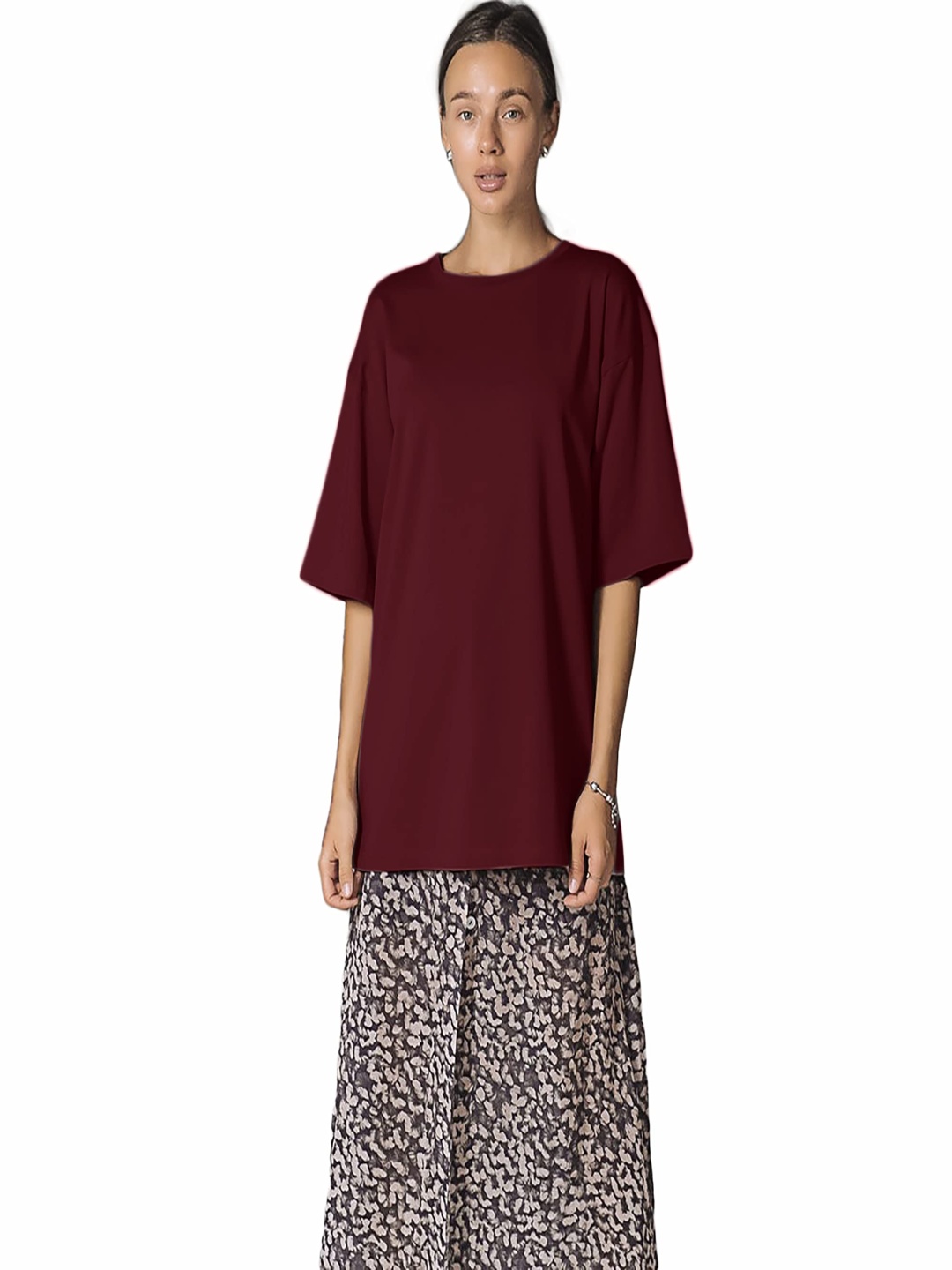 

NOTWILD Women Solid Round Neck Cotton Oversized T-shirt, Maroon