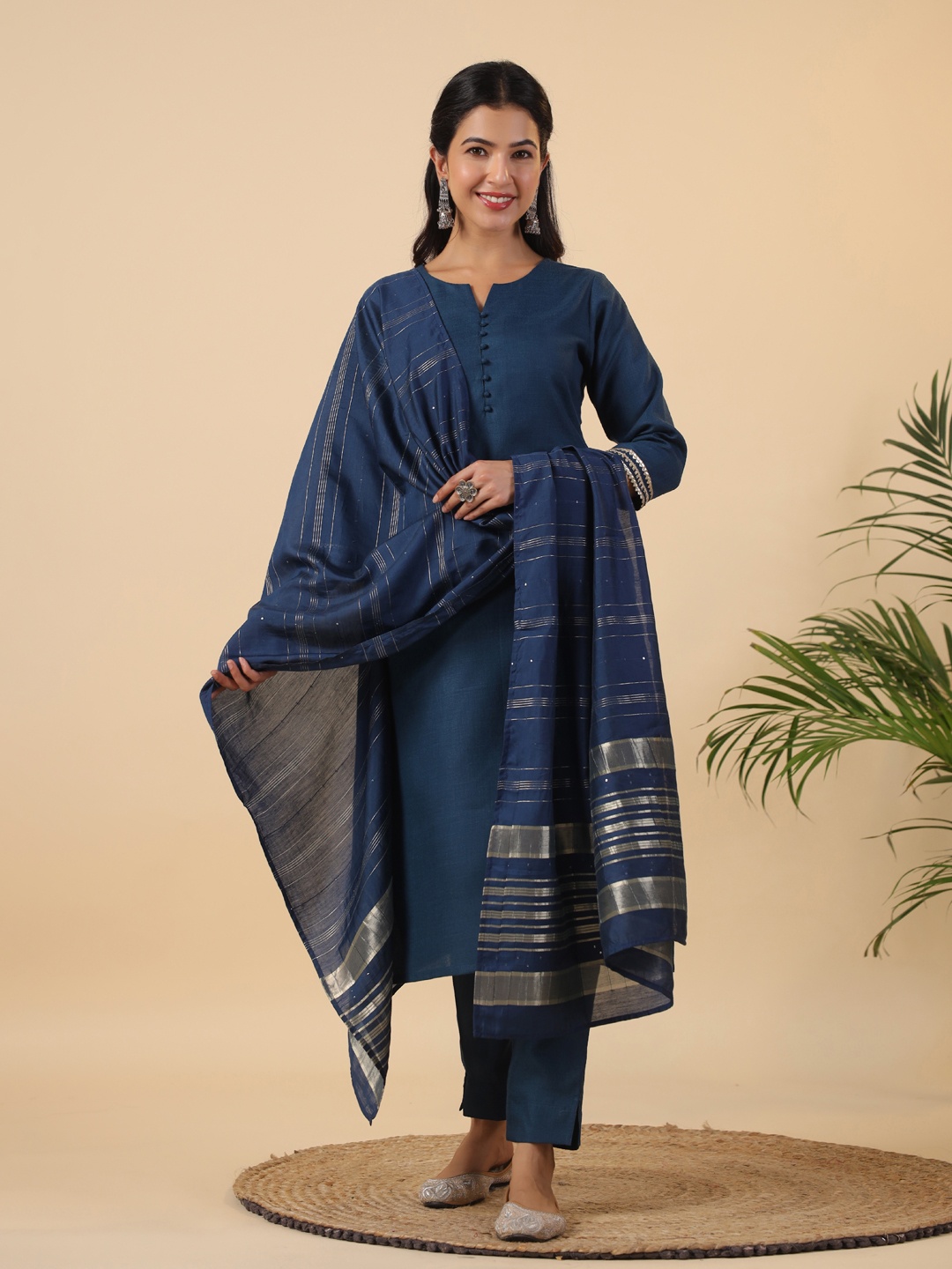 

Janasya Women Regular Pure Cotton Kurta with Trousers & With Dupatta, Teal