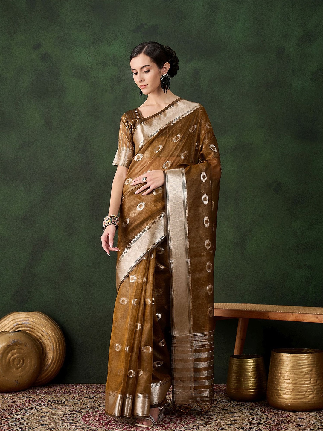 

KALINI Woven Design Zari Organza Kanjeevaram Saree, Mustard