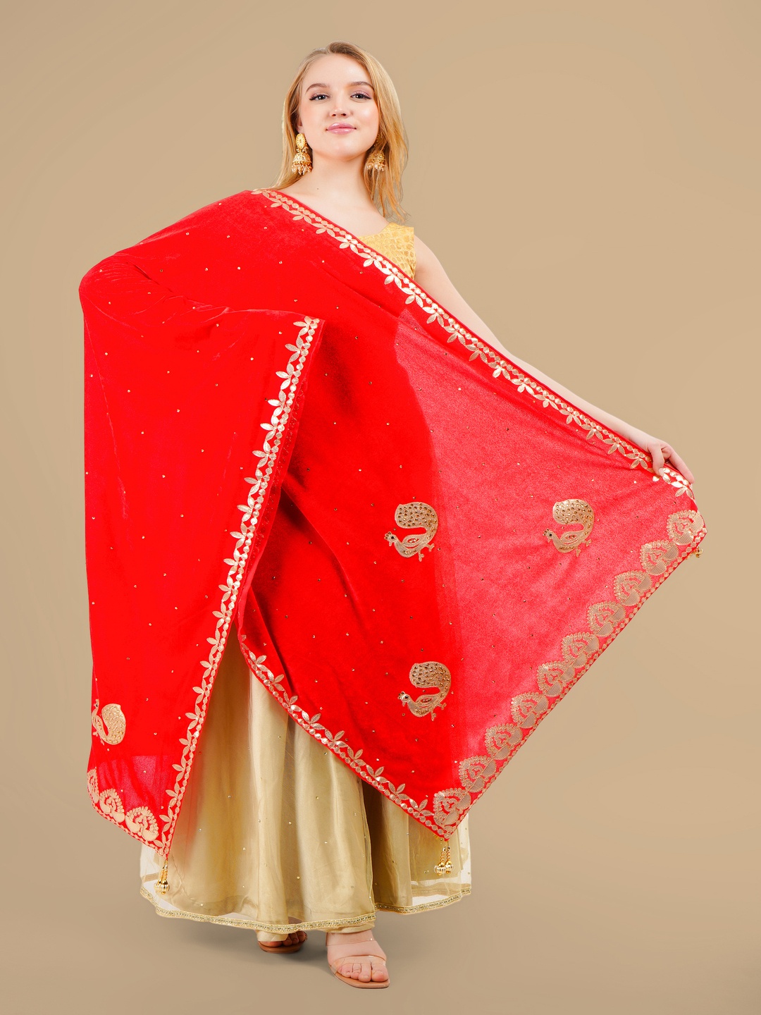 

Karthav Fashion Ethnic Motifs Embroidered Velvet Dupatta With Gotta Patti, Red