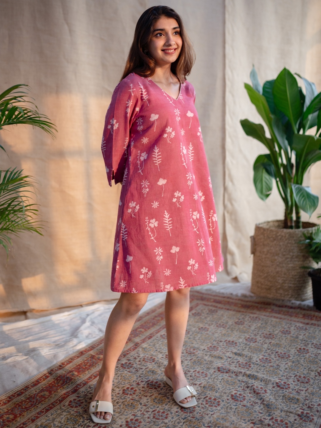

THE INDIAN ETHNIC CO Floral Printed Cotton A-Line Dress, Pink
