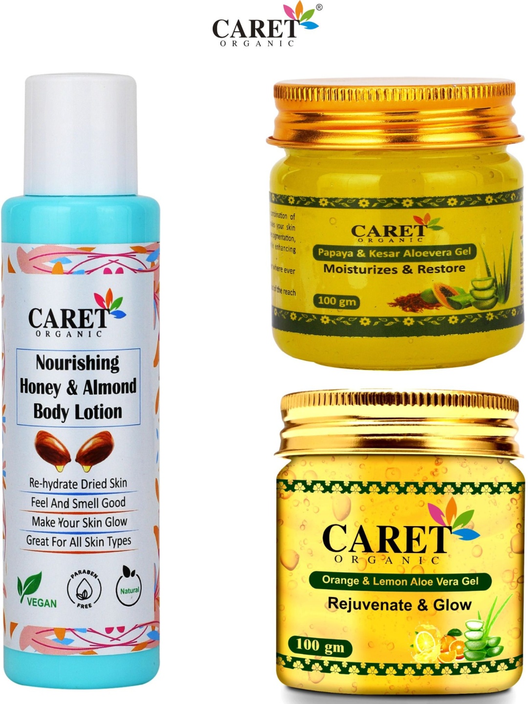 

CARET ORGANIC Set Of 3 Almond Body Lotion, Papaya Gel & Vitamin C Gel - 100 g Each, White