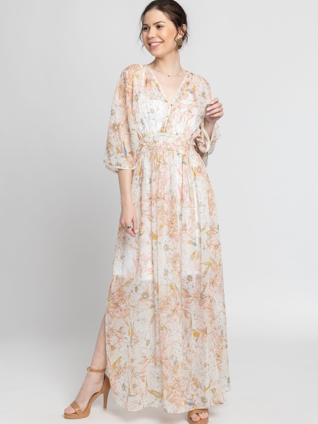 

JULO Floral Print Kimono Sleeve Chiffon Kaftan Maxi Dress, Cream
