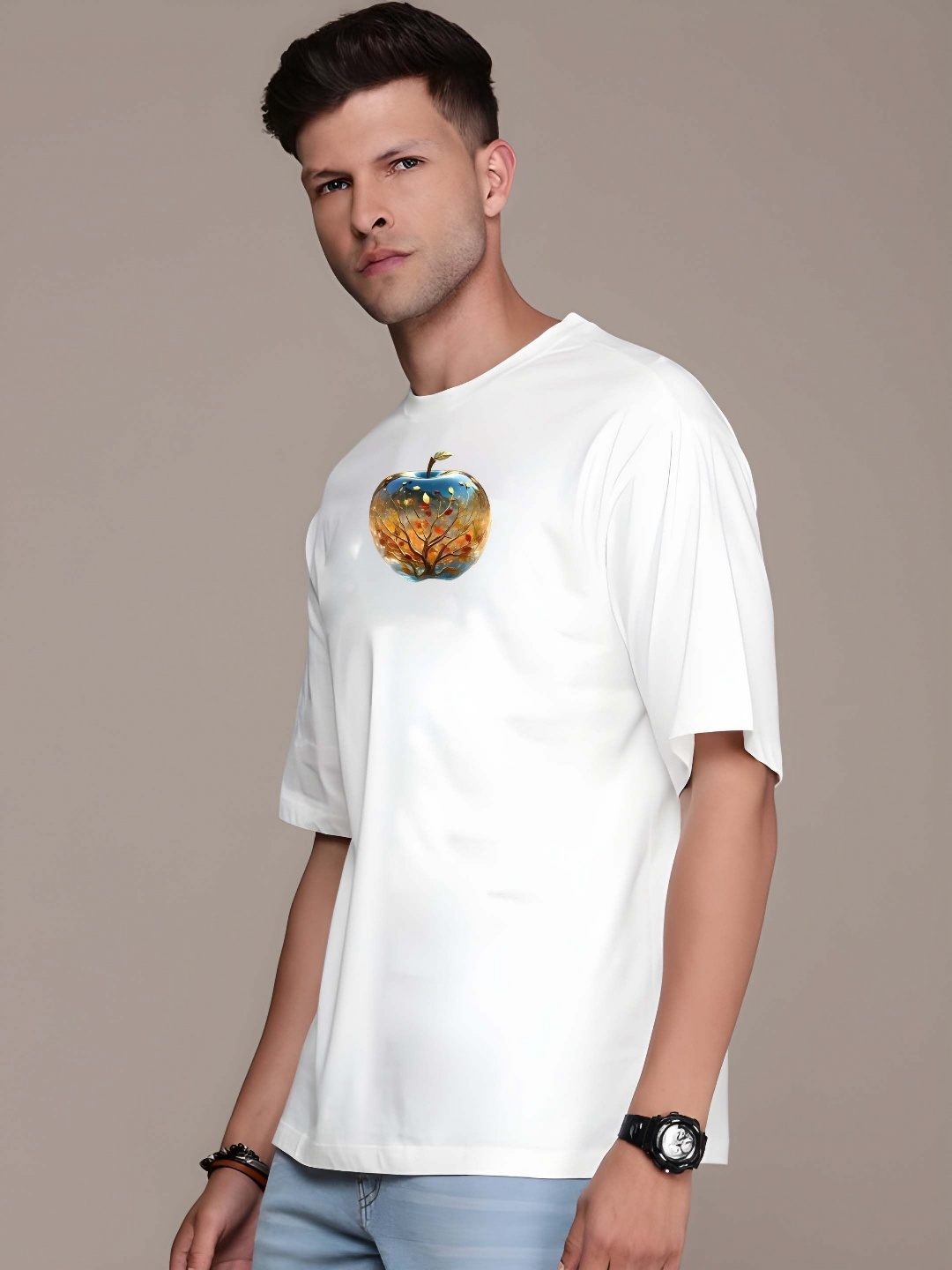

Krimmple Men Graphic Printed Round Neck Pure Cotton Oversized T-shirt, White