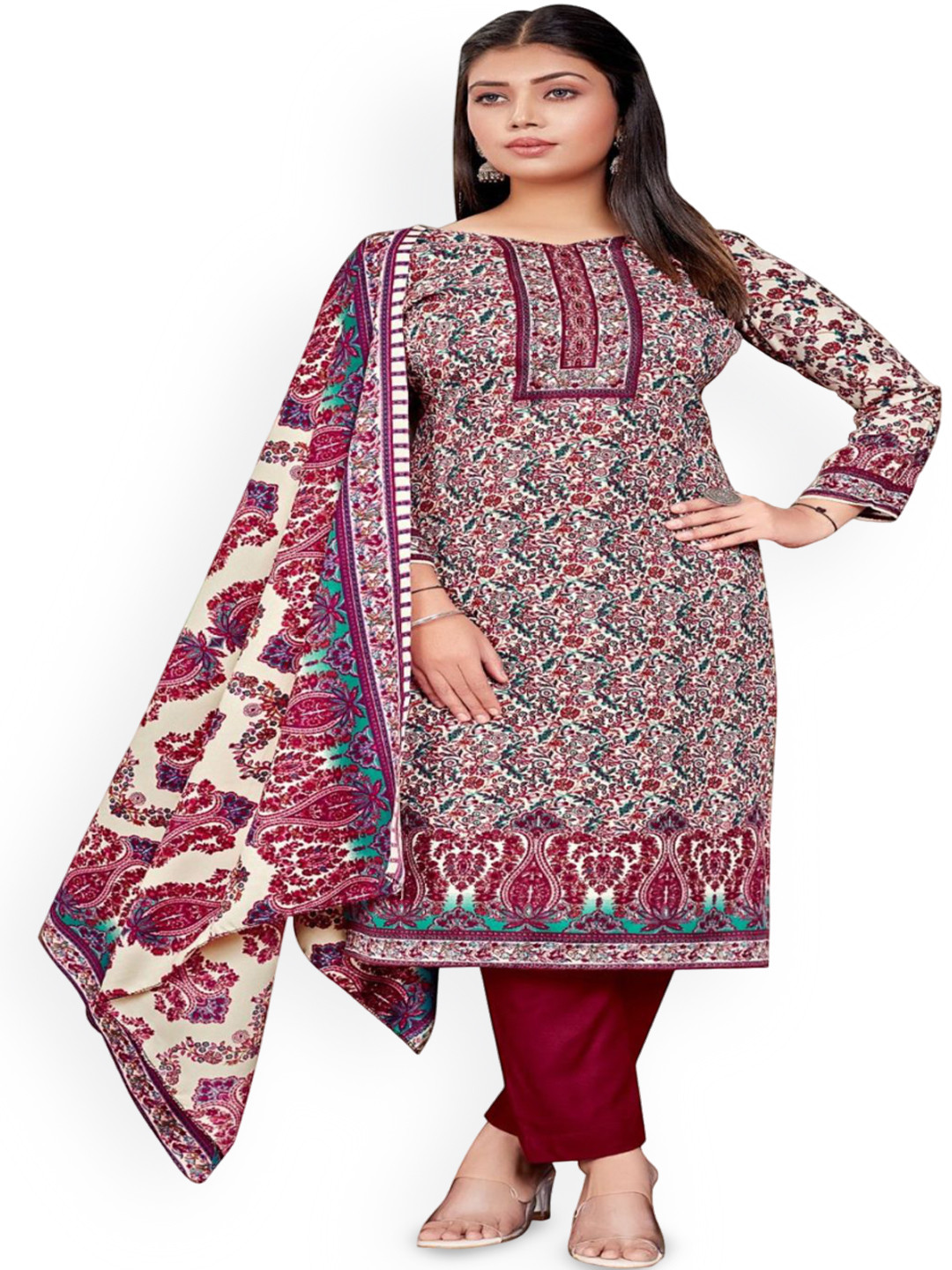 

DRAVINAM Trends Ethnic Motifs Printed Unstitched Dress Material, Maroon