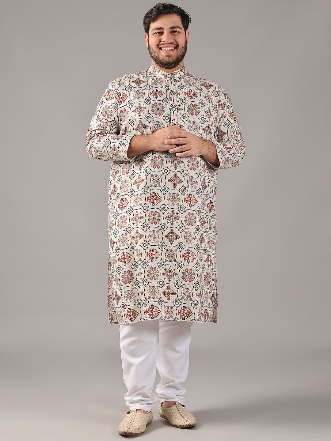 

SOJANYA PLUS Size Ethnic Motifs Printed Band Collar Cotton Linen Straight Kurta, Cream