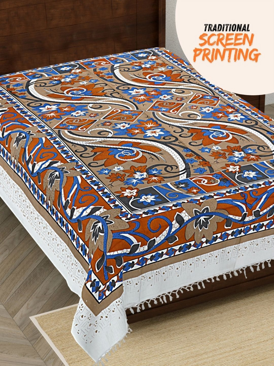 

HASHCART White & Blue Printed 210 TC Pure Cotton Queen Single Bedsheet 2.30 m x 1.52 m