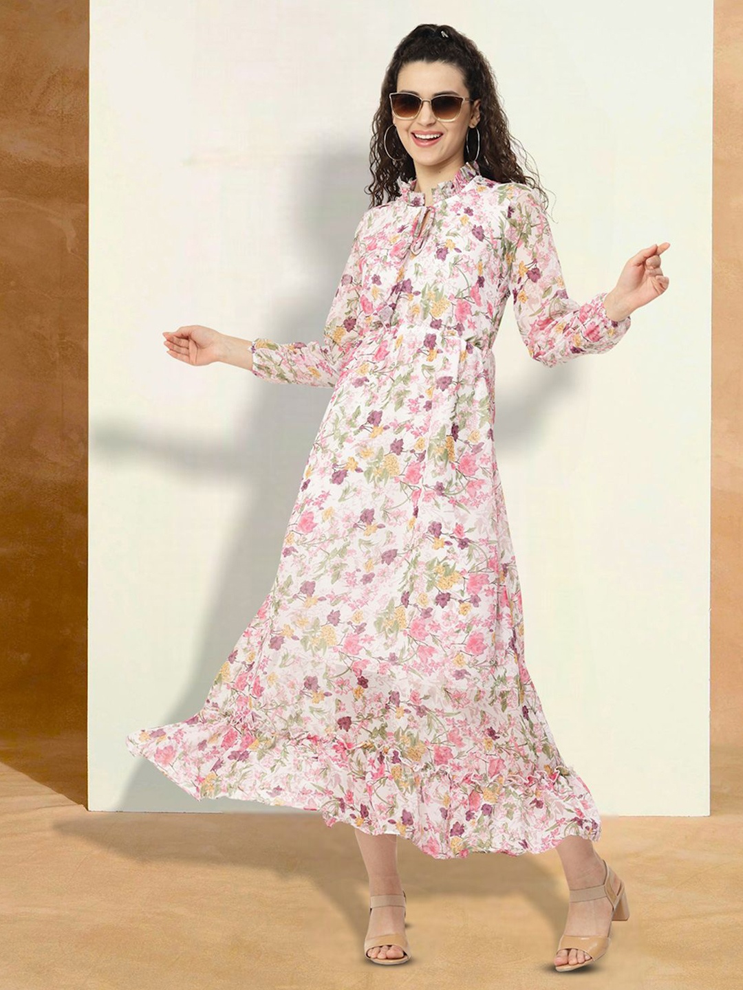 

BAESD Floral Printed Tie-Up Neck Fit & Flare Dress, White