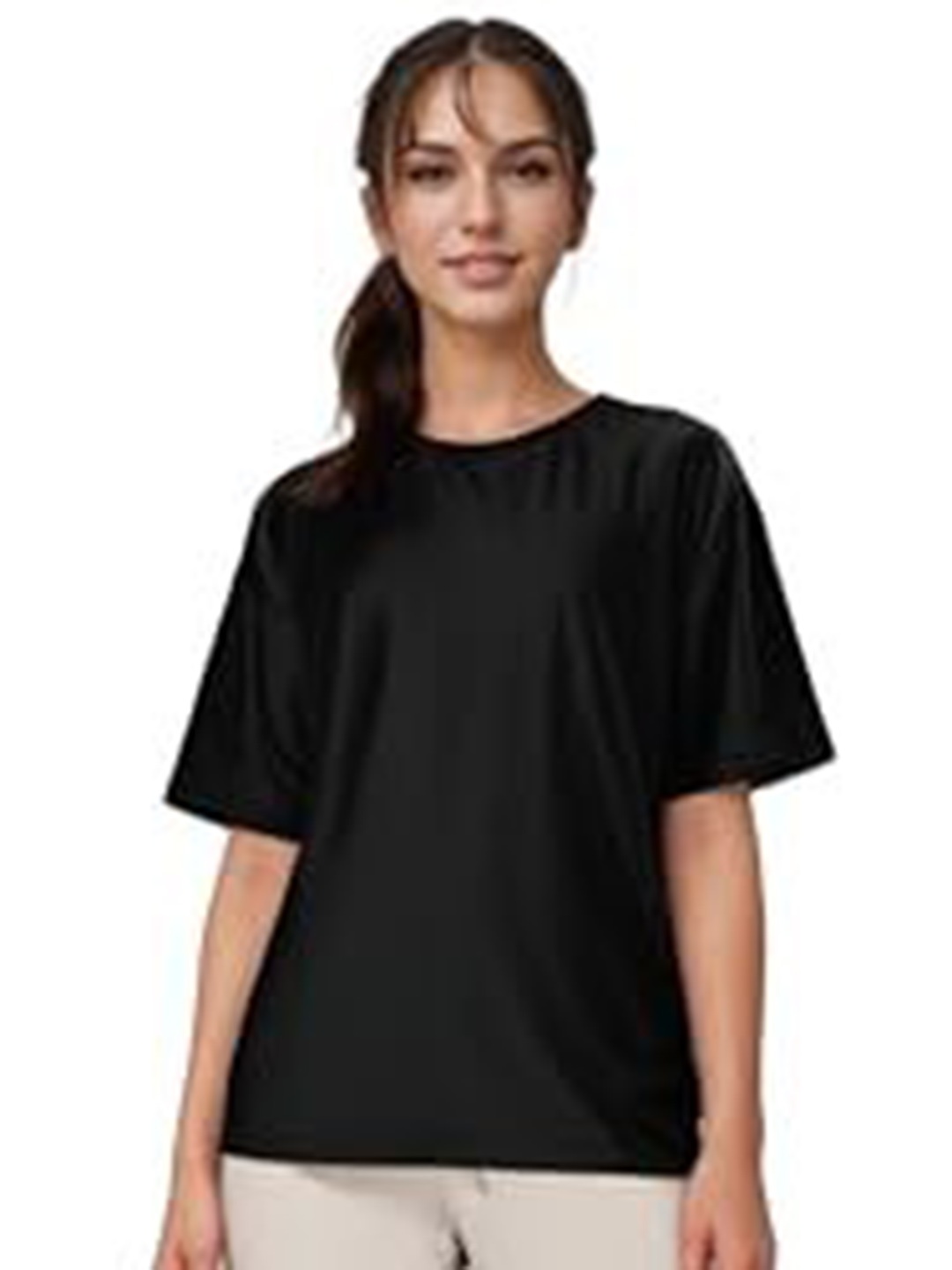 

NOTWILD Women Solid Round Neck Cotton T-shirt, Black
