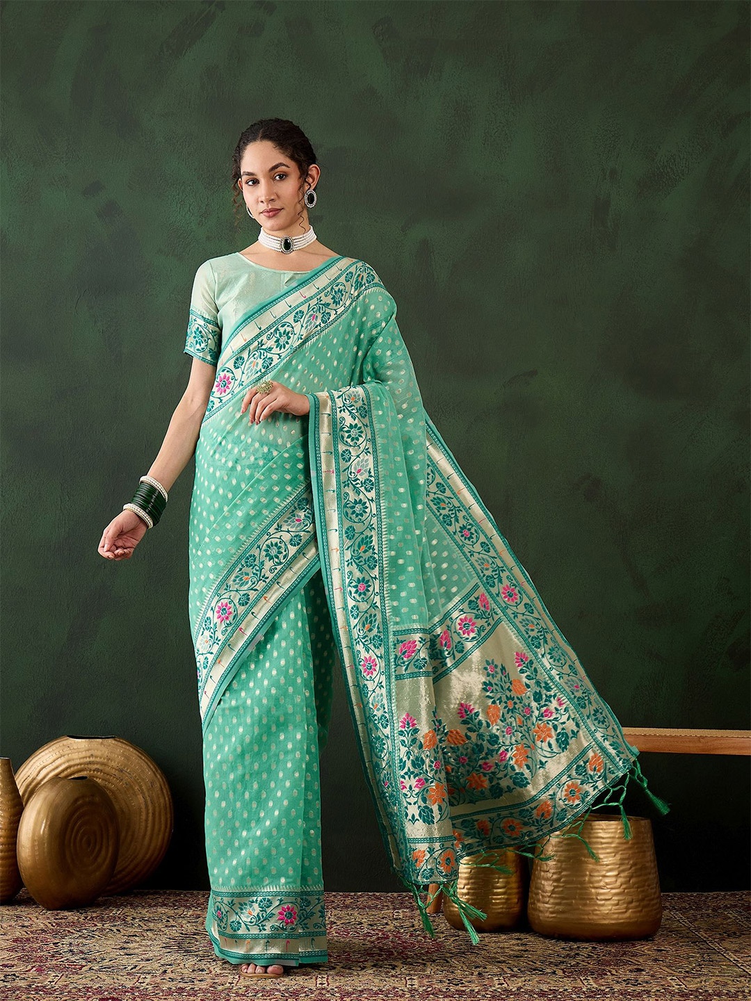 

KIMISHA Woven Design Handloom Banarasi Saree, Sea green