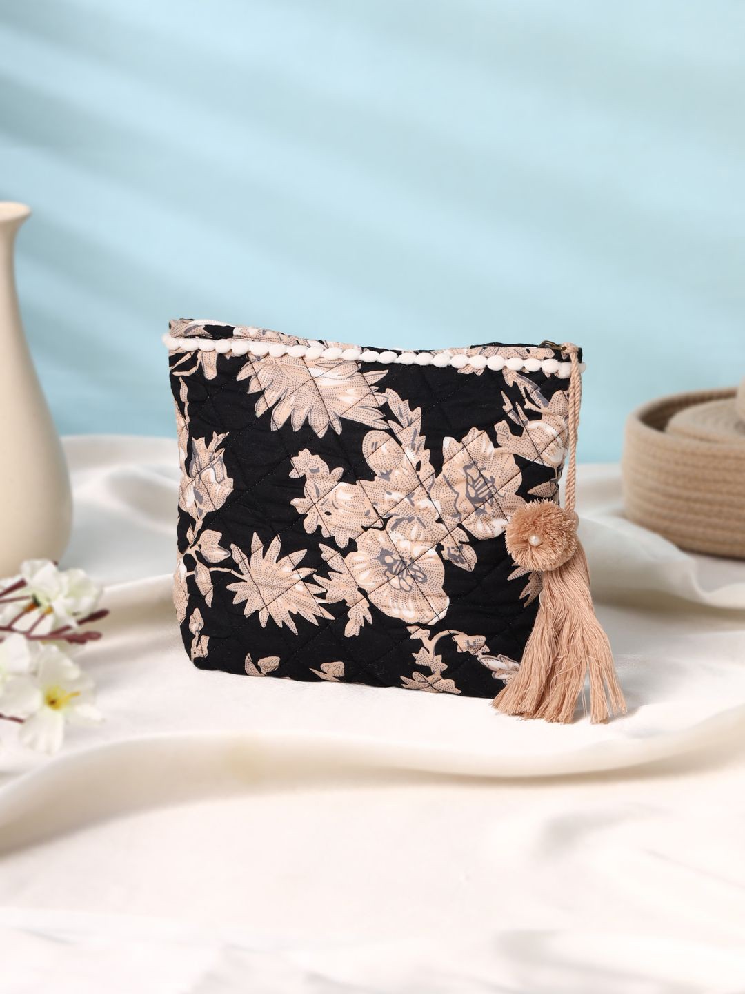 

SANSKRUTIHOMES Women Floral Printed Structured Cotton Handheld Bag, Black