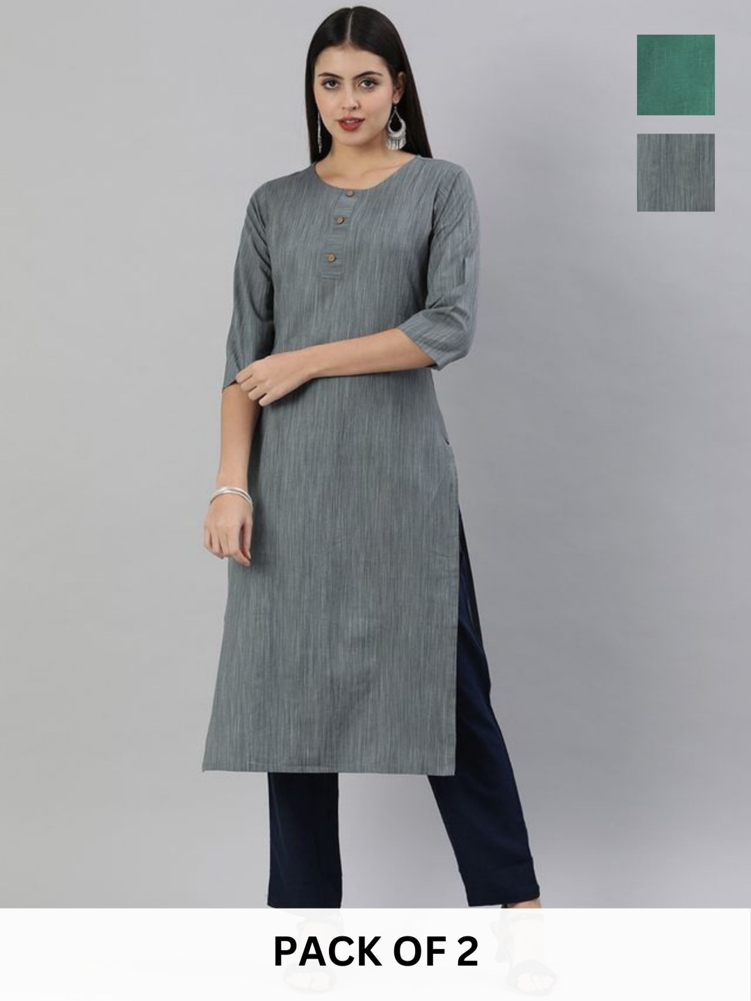 

KALINI Selection Of 2 Striped Round Neck Straight Kurtas, Charcoal