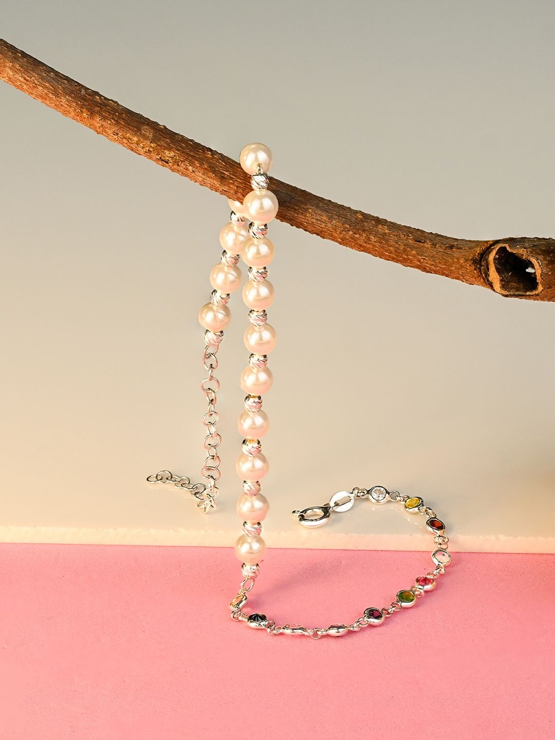 

TOUCH925 925 Pure Sterling Silver Pearls & Artificial Beads Studded Anklet
