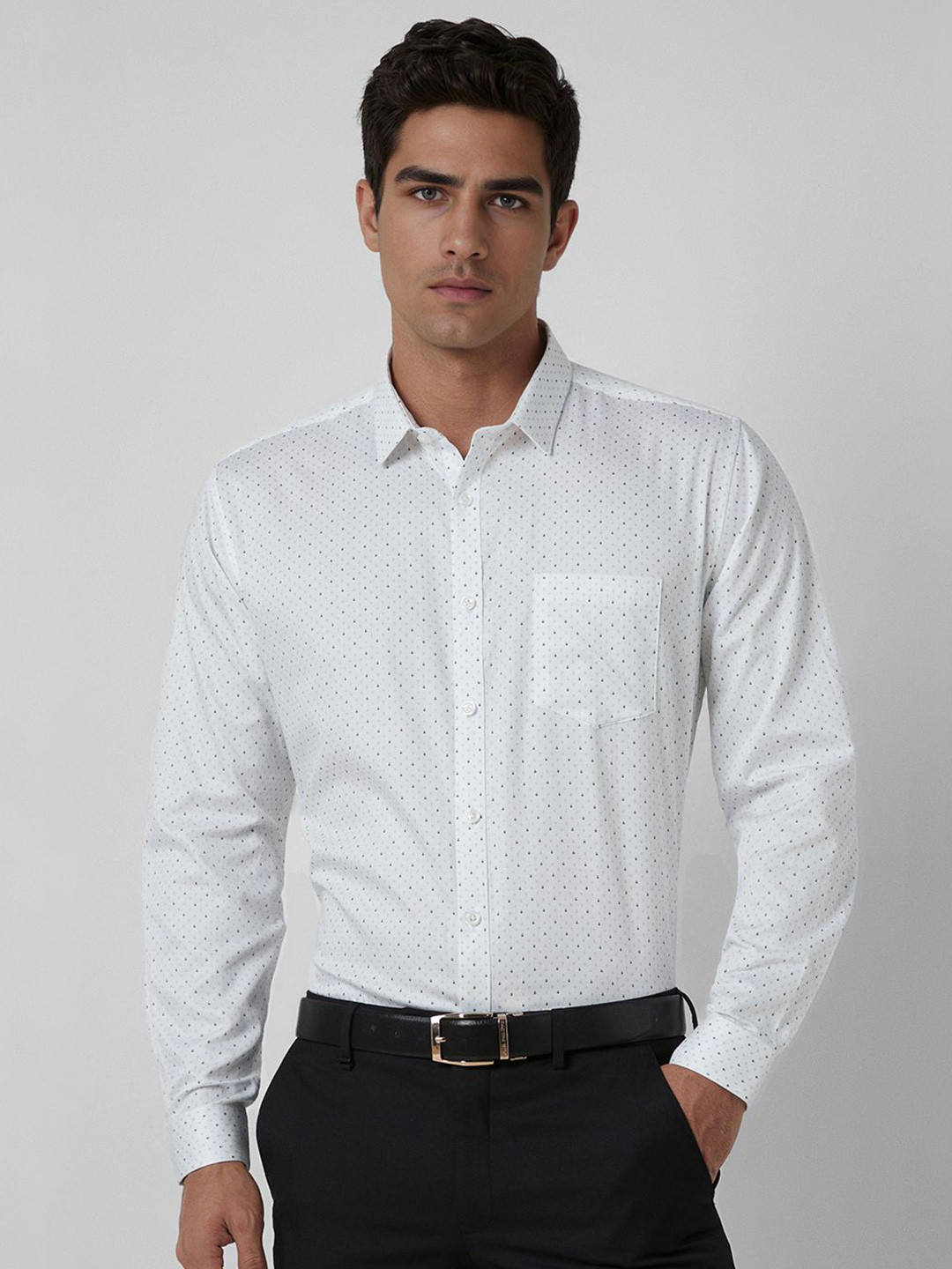 

V Dot Men Slim Fit Spread Collar Geometric Printed Cotton Formal Shirt, White