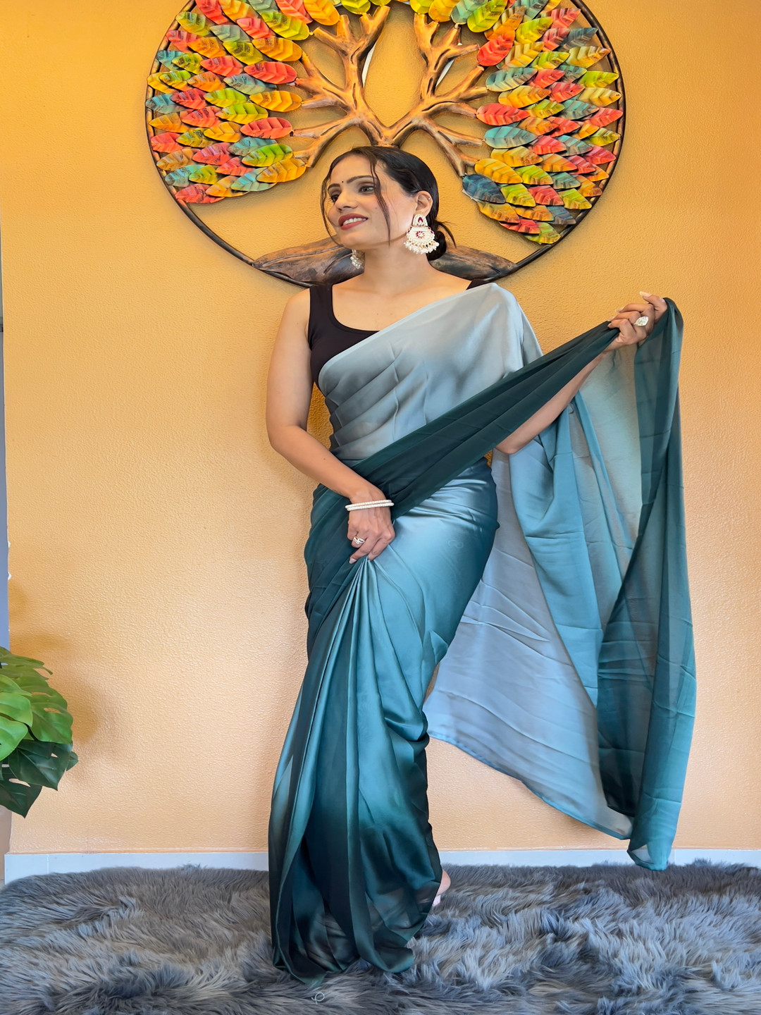 

ZIBLON Ombre Pure Chiffon Ready to Wear Saree, Teal