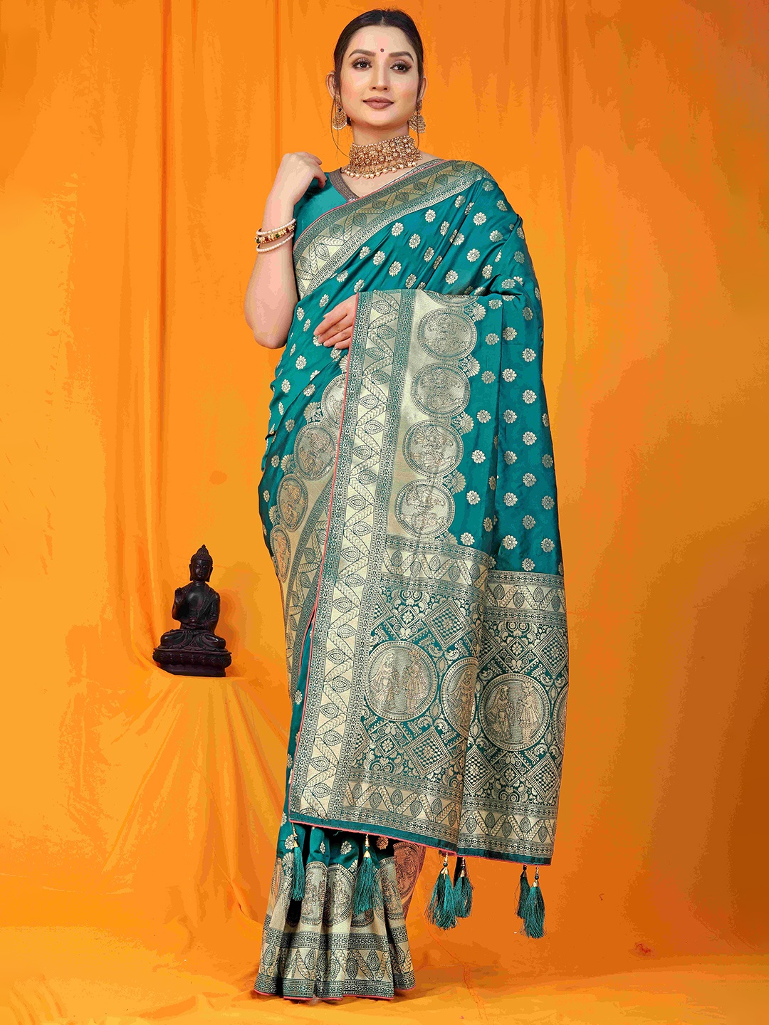 

amirat Ethnic Mofits Woven Design Zari Pure Silk Banarasi Saree, Teal