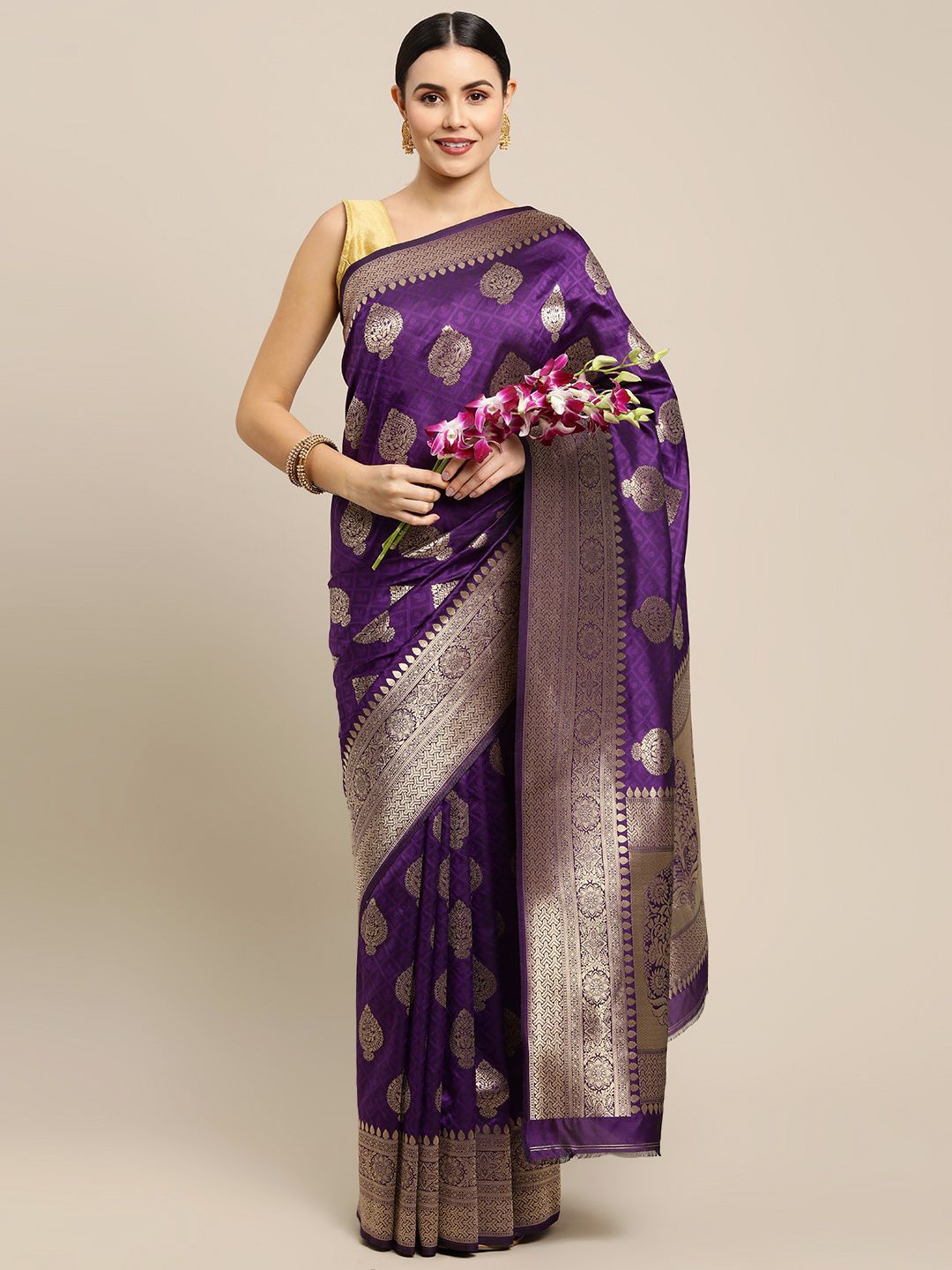 

amirat Woven Design Zari Pure Silk Banarasi Saree, Violet