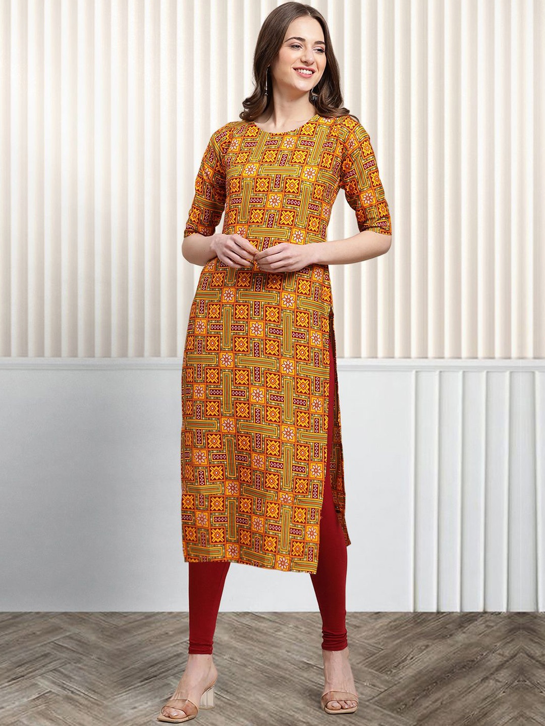 

Moda Rapido Ethnic Motifs Printed Round Neck Straight Kurta, Mustard