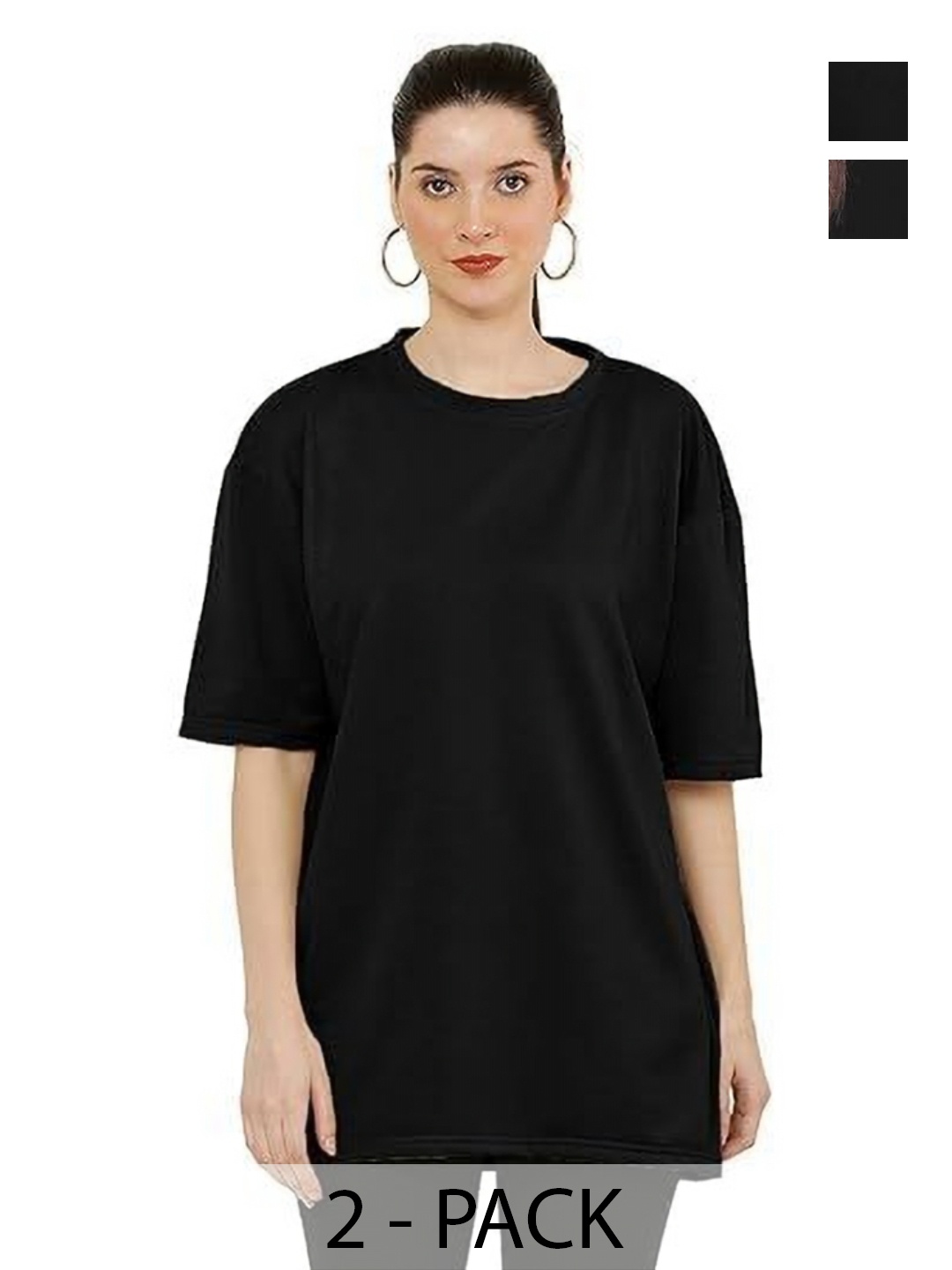 

NOTWILD Women Pack Of 2 Solid Round Neck Cotton T-shirts, Black