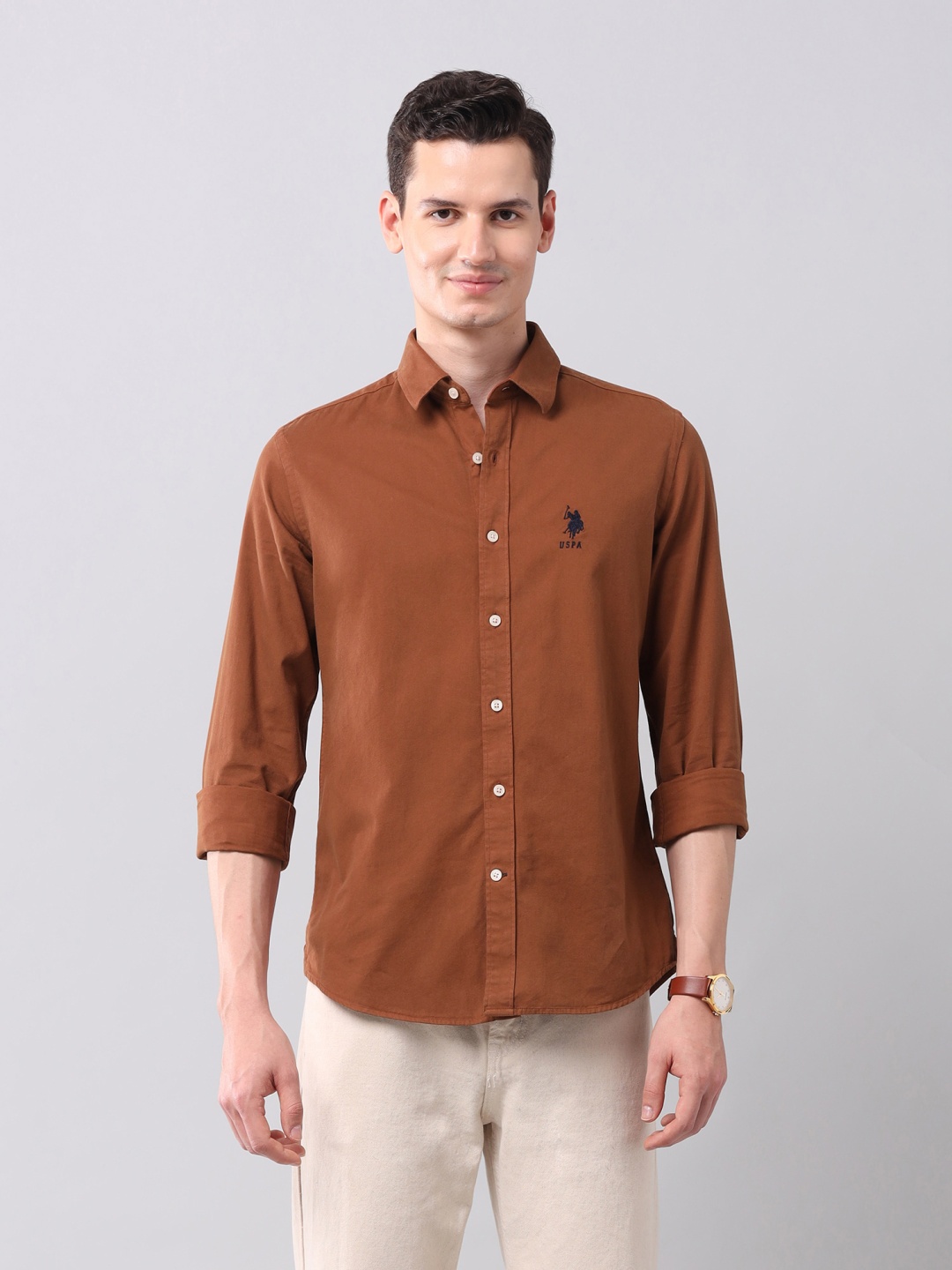 

U.S. Polo Assn. Denim Co. Men Manhattan Fit Spread Collar Solid Cotton Casual Shirt, Rust