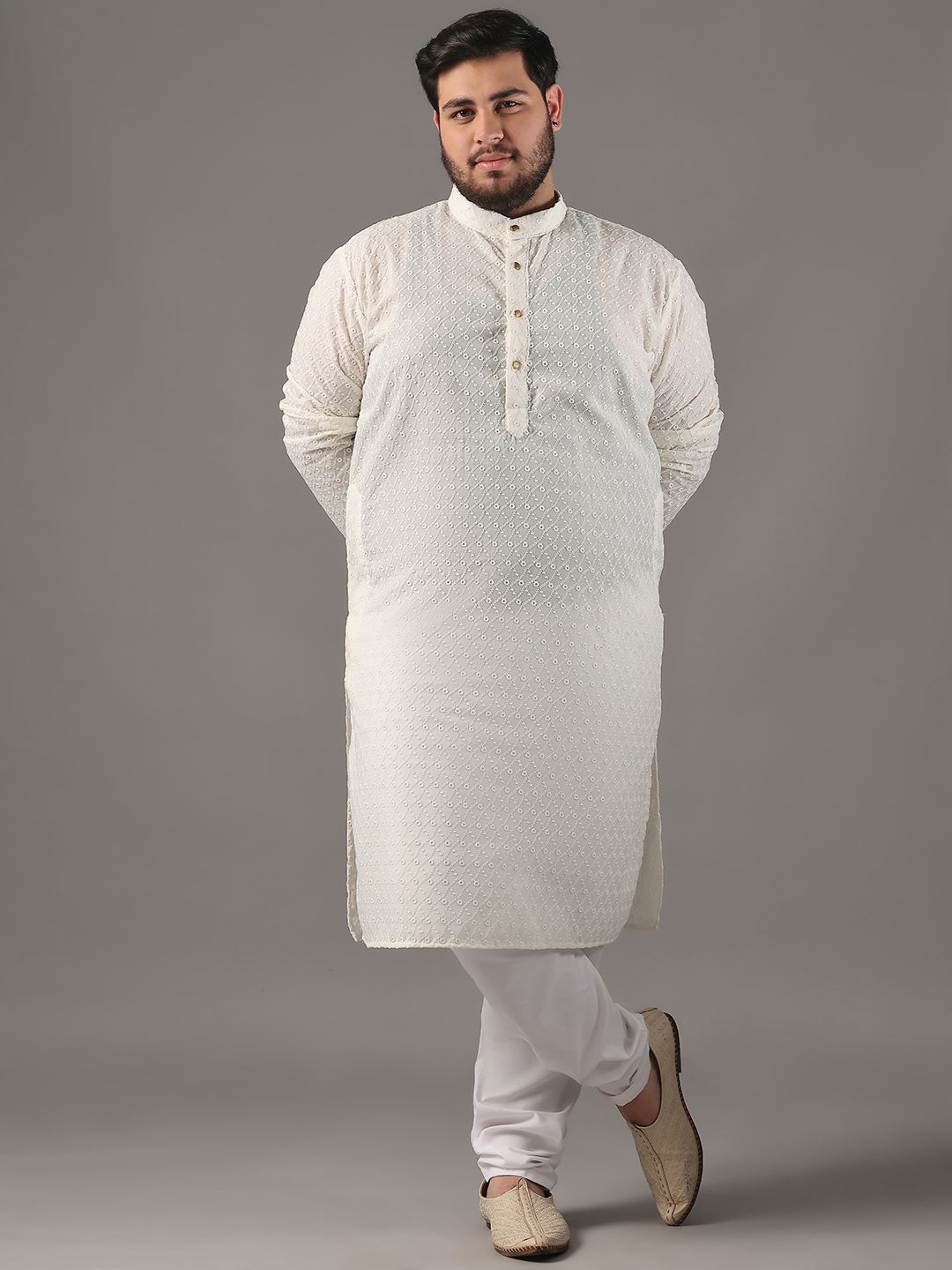 

SOJANYA PLUS Size Embroidered Chikankari Band Collar Pure Cotton Straight Kurta, Cream