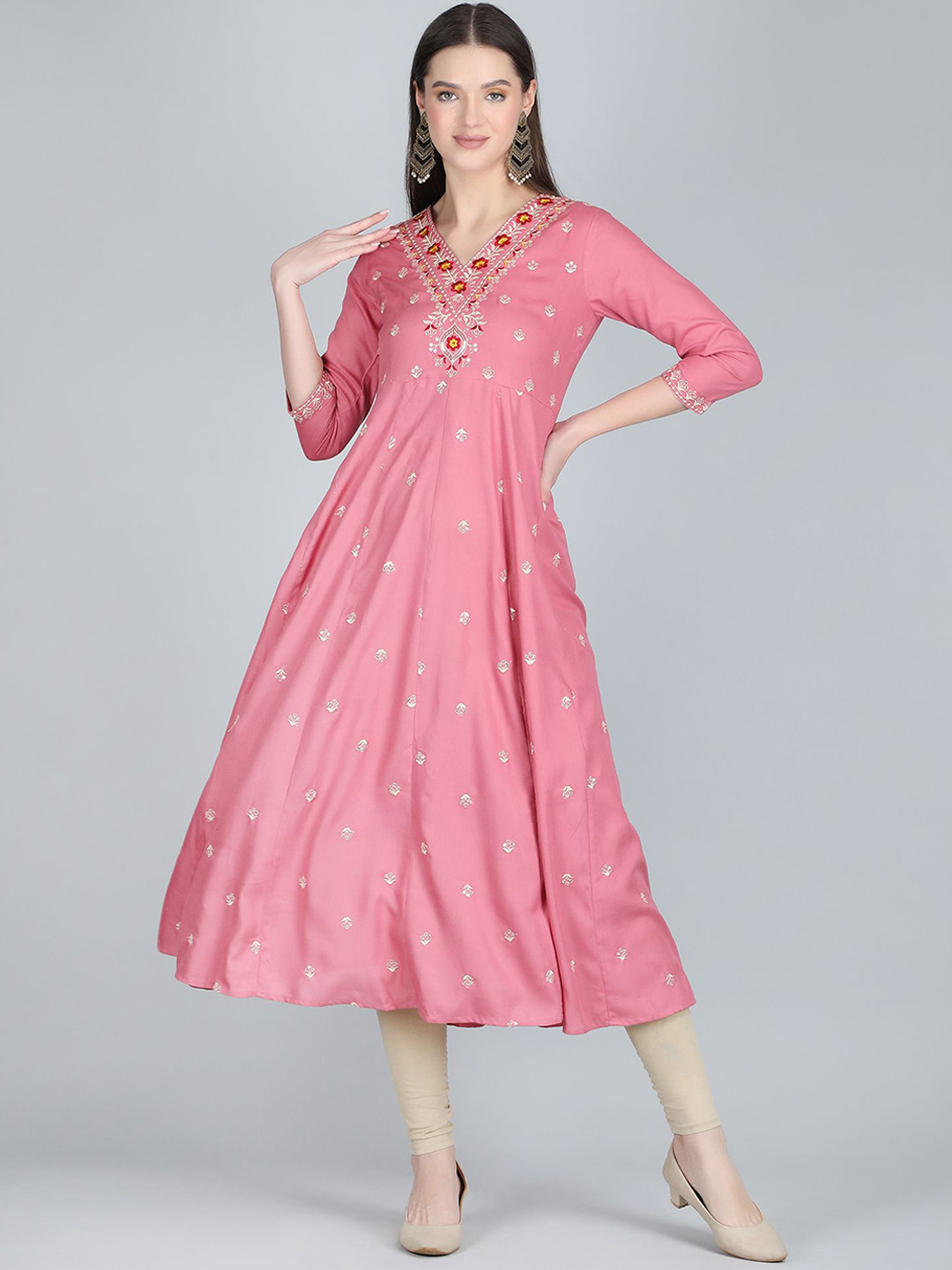 

ANANDITA Floral Embroidered V Neck Sequinned Anarkali Kurta, Peach
