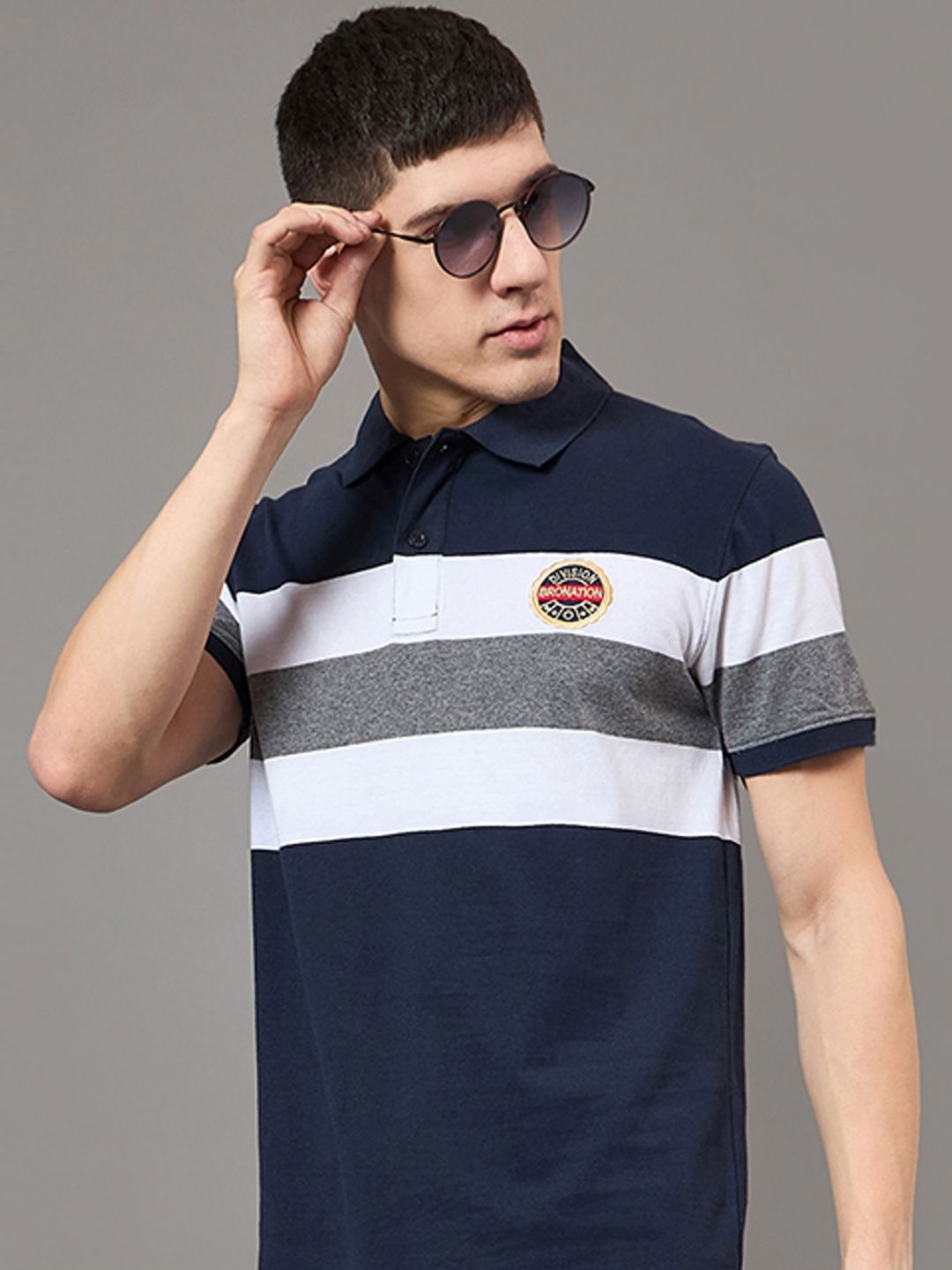 

BRONATION Men Striped Polo Collar Cotton T-shirt, Navy blue