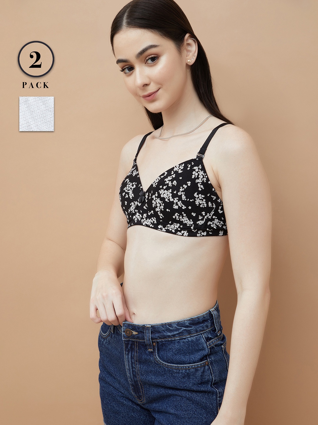 

Ginger by Lifestyle Pack Of 2 Floral Printed Full Coverage Lightly Padded T-shirt Bra, Black