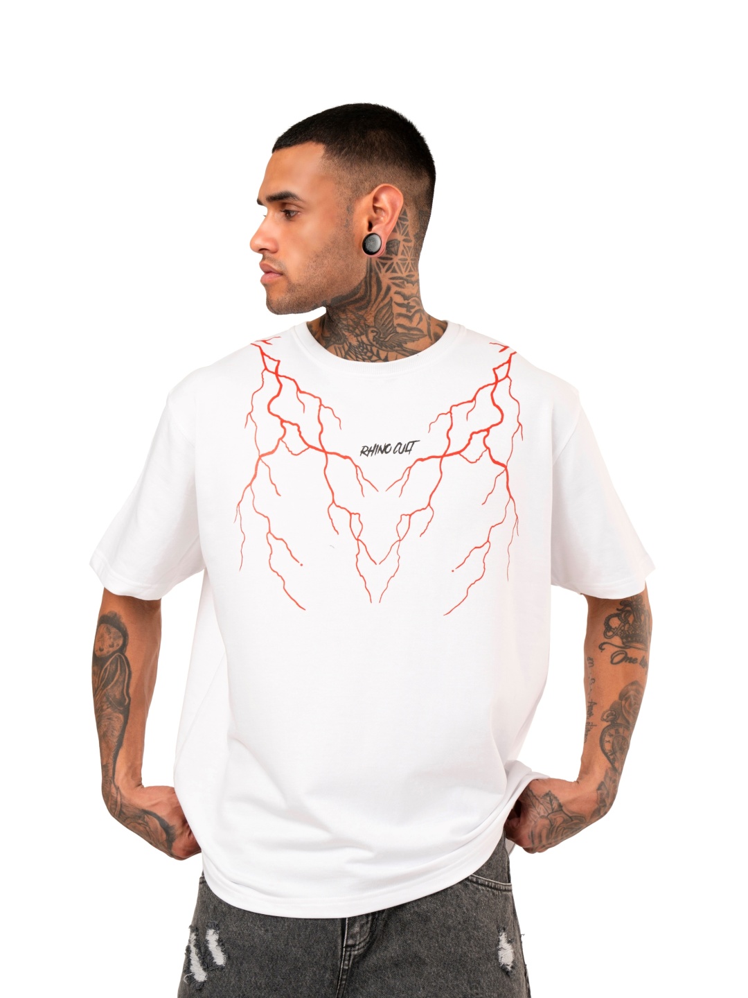 

RHINO CULT Men Graphic Printed Round Neck Cotton Oversized T-shirt, White